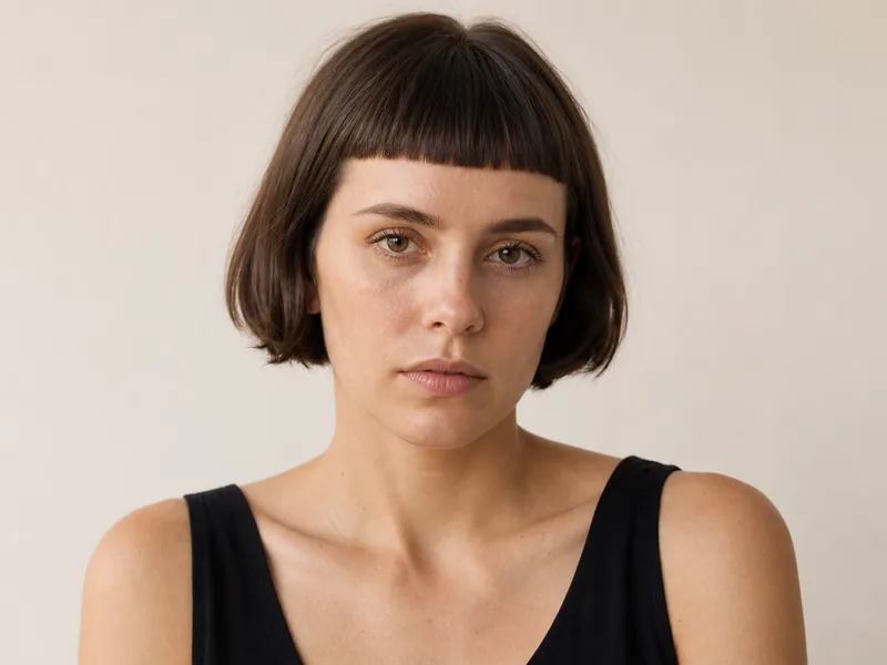 A woman with a sharp French bob and a blunt micro-fringe