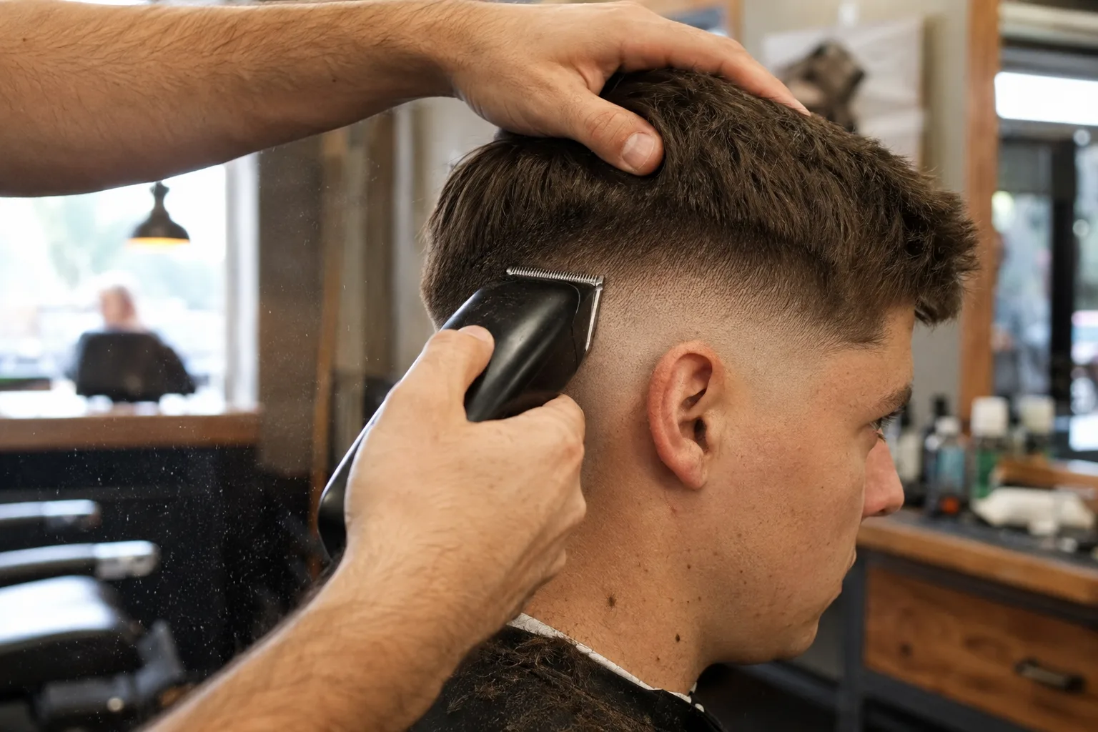 A barber holding a clipper flat against the side of a seated client's head just above the ear, blending the line where the short side meets the longer brown hair on top
