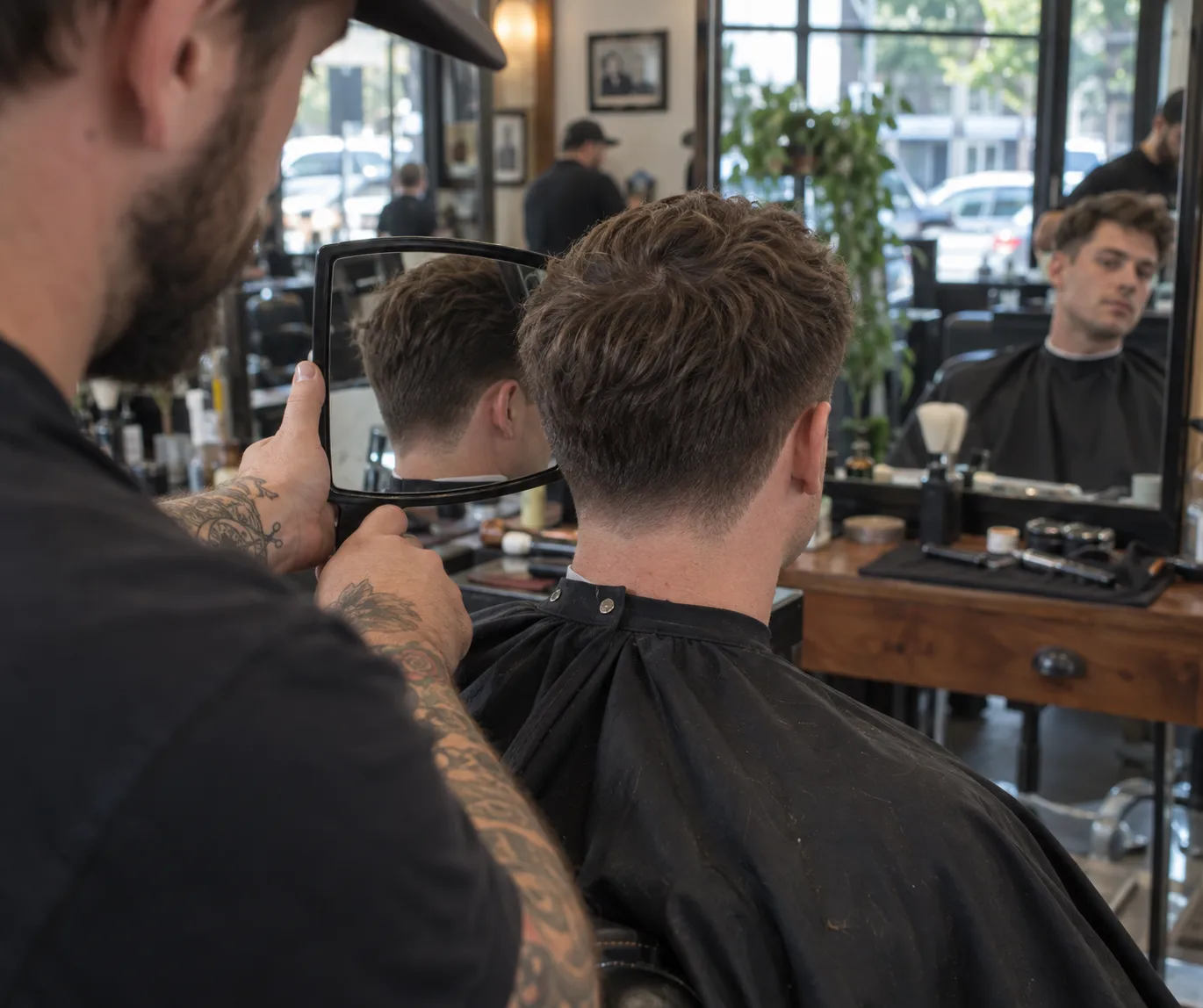 A barber holding a hand mirror behind a seated client so he can check the low taper at the back of his head in the wall mirror