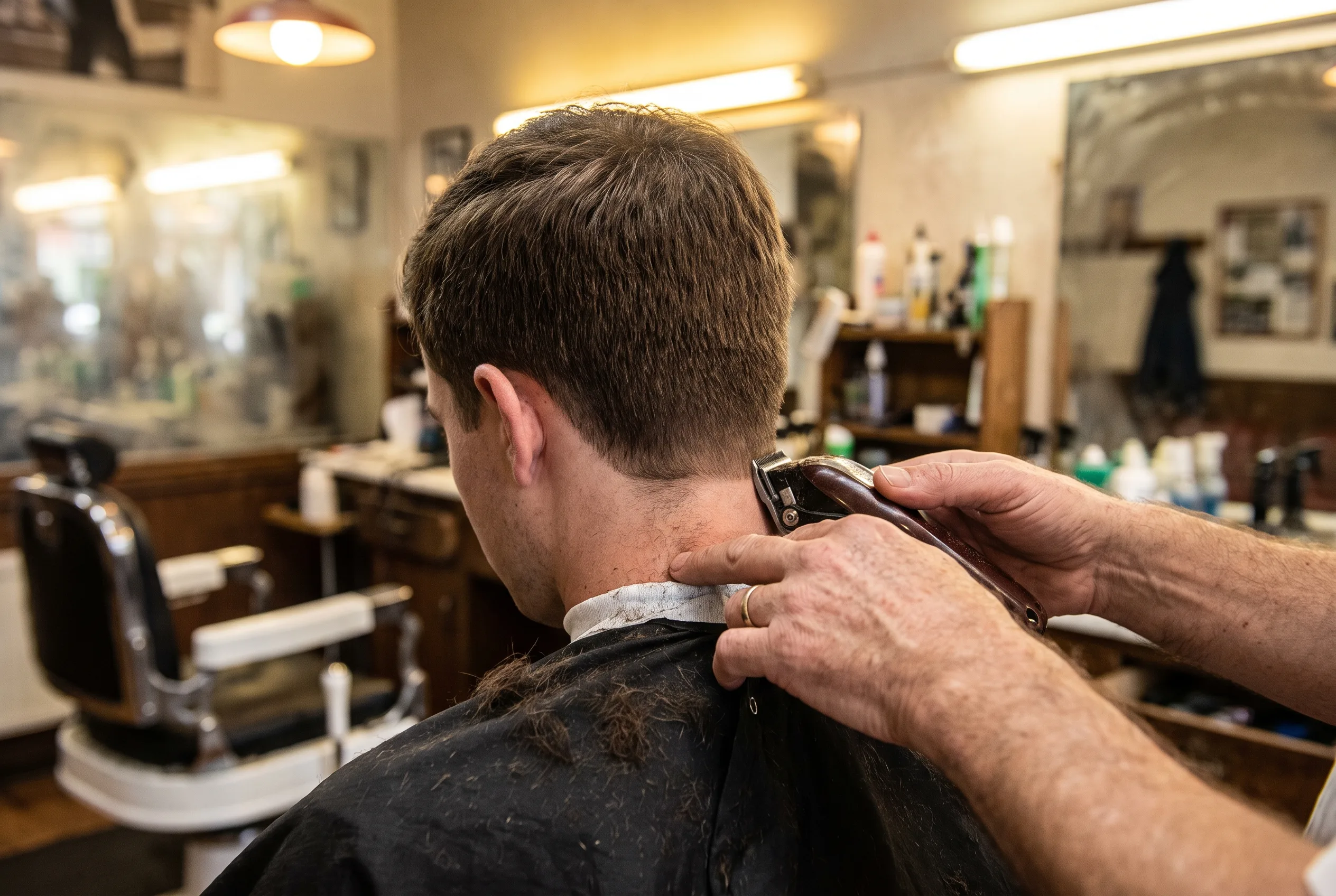 A barber holding clippers blade-down against the nape hairline of a caped client in a barbershop, cut hair on the cape and a white neck strip, mirrors and a chair behind them
