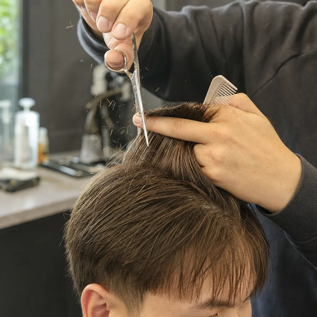 A barber point cutting into the top section of a young man's straight light brown hair with scissors held vertically, shot in a salon