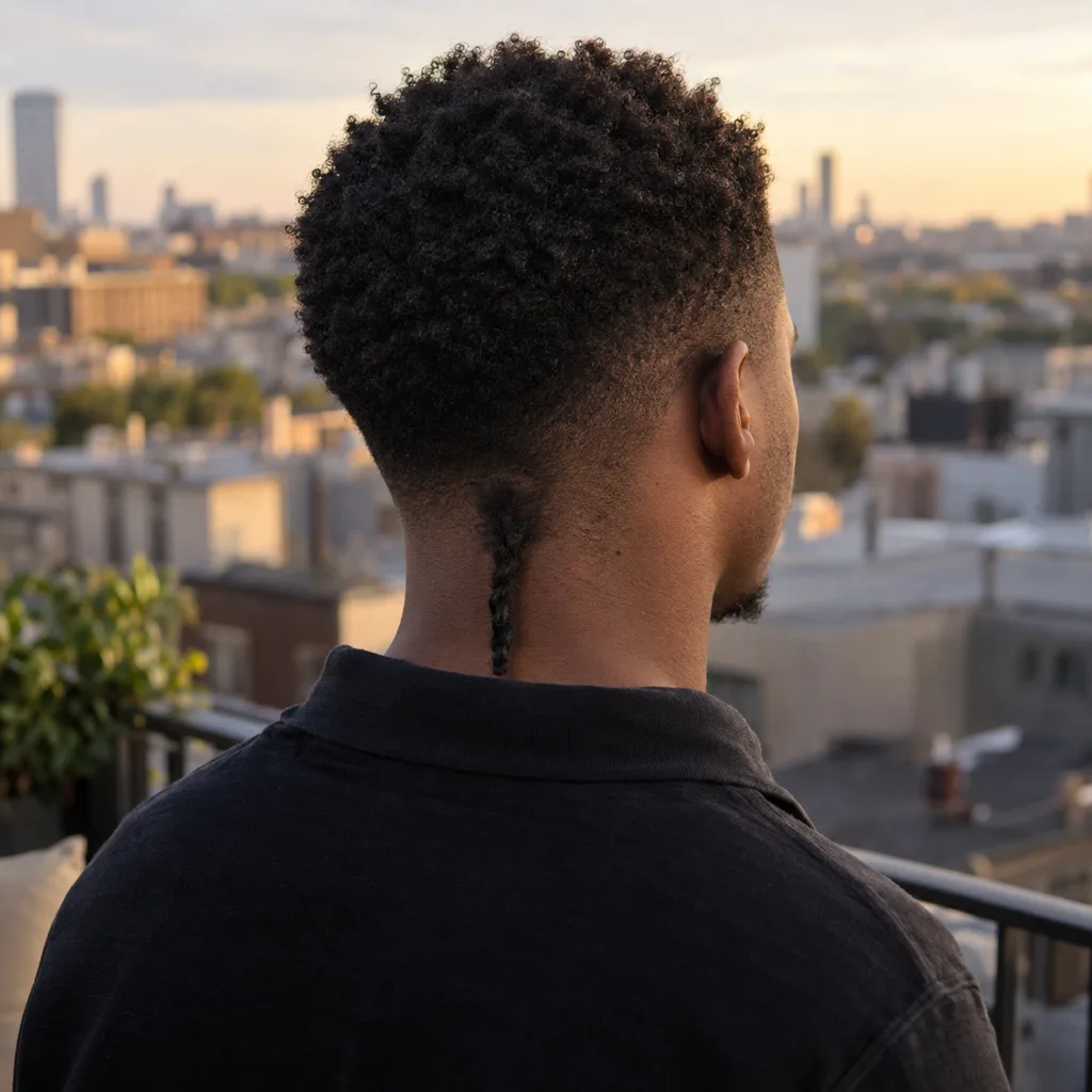 A Black man on a city balcony at sunset, seen from behind, with short coily hair, a low taper and a thin twisted rat tail at the nape
