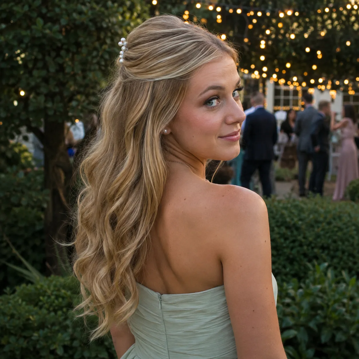 A blonde woman at an outdoor evening wedding, seen over her bare shoulder, her crown section swept back and pinned with a pearl clip above long loose waves reaching mid back