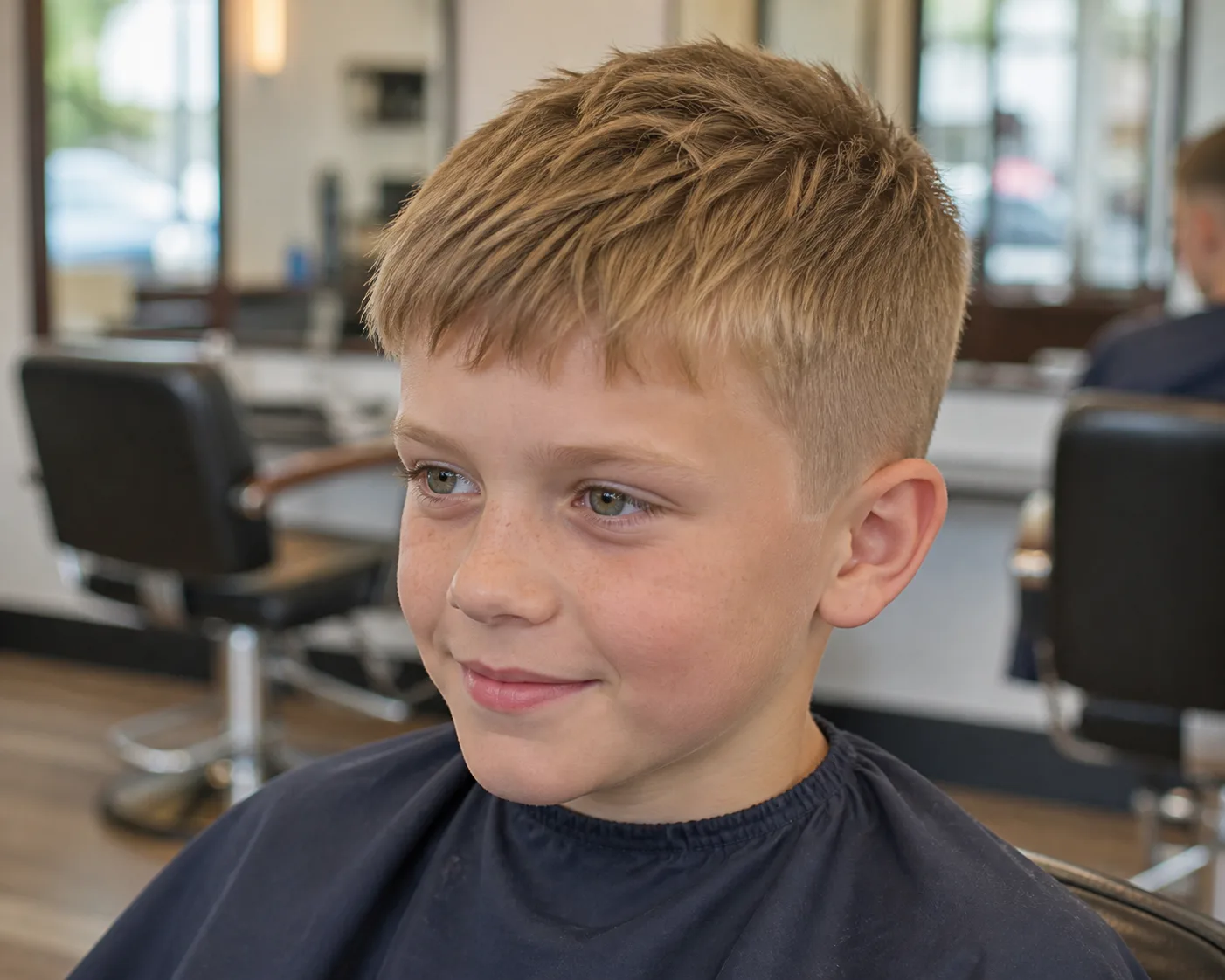 A boy in a navy salon cape with a dirty blonde textured crop, short sides and a choppy fringe pushed forward
