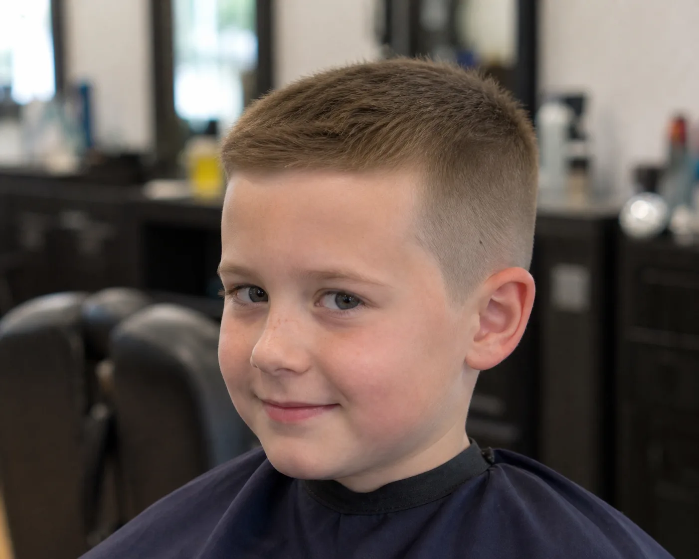 A boy in a navy salon cape with a light brown crew cut, sides clipped short and about an inch on top