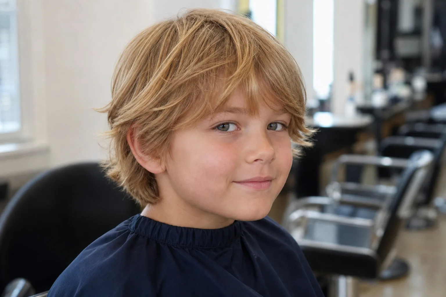 A boy in a navy salon cape with a longer golden blonde surfer cut, layered hair falling over the ears and eyebrows