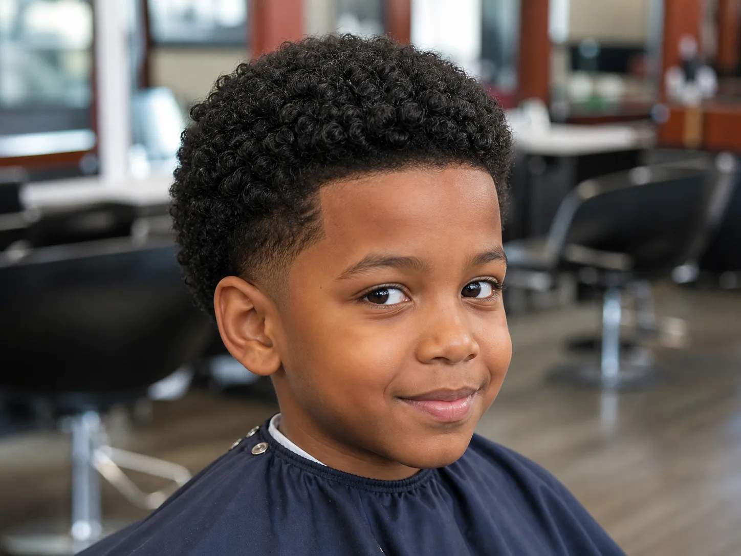 A boy in a navy salon cape with a rounded black curly top and short tapered sides