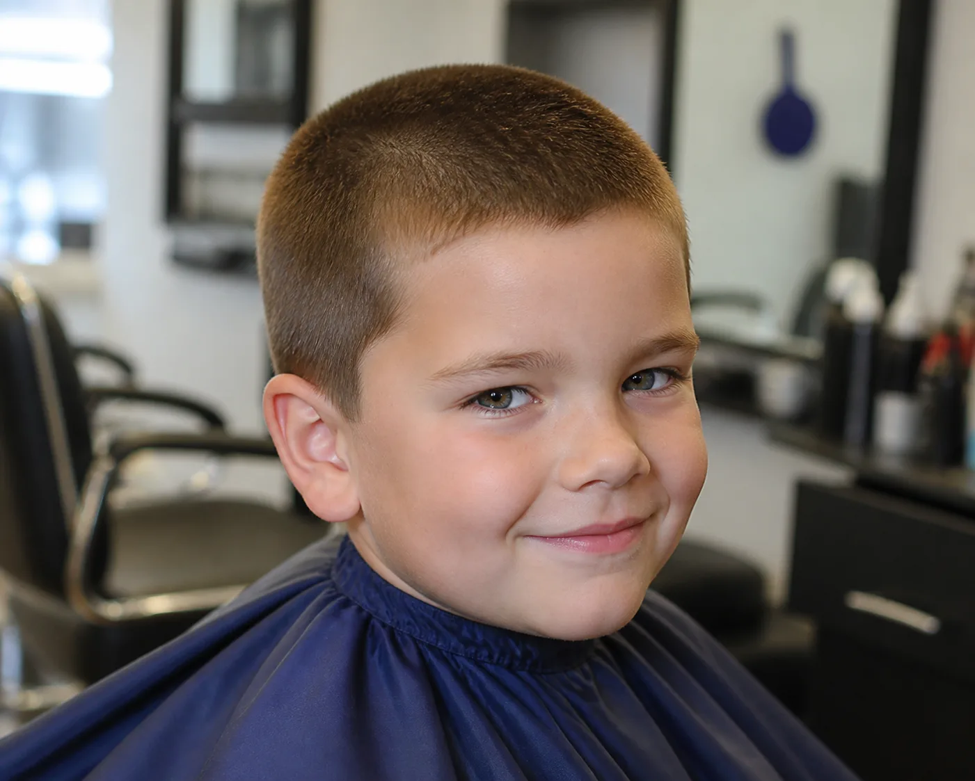 A boy in a navy salon cape with an even mid brown buzz cut, the same short length all over
