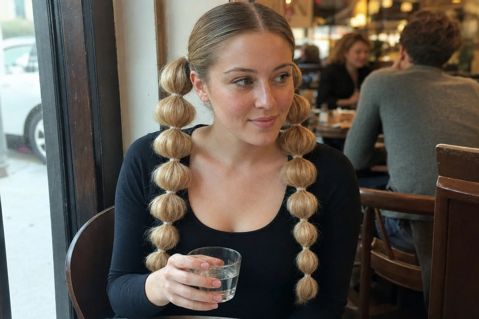 A freckled blonde woman seated in a cafe with a centre part and two matching bubble pigtails falling forward over her shoulders, each segmented into eight rounded puffs by small clear elastics