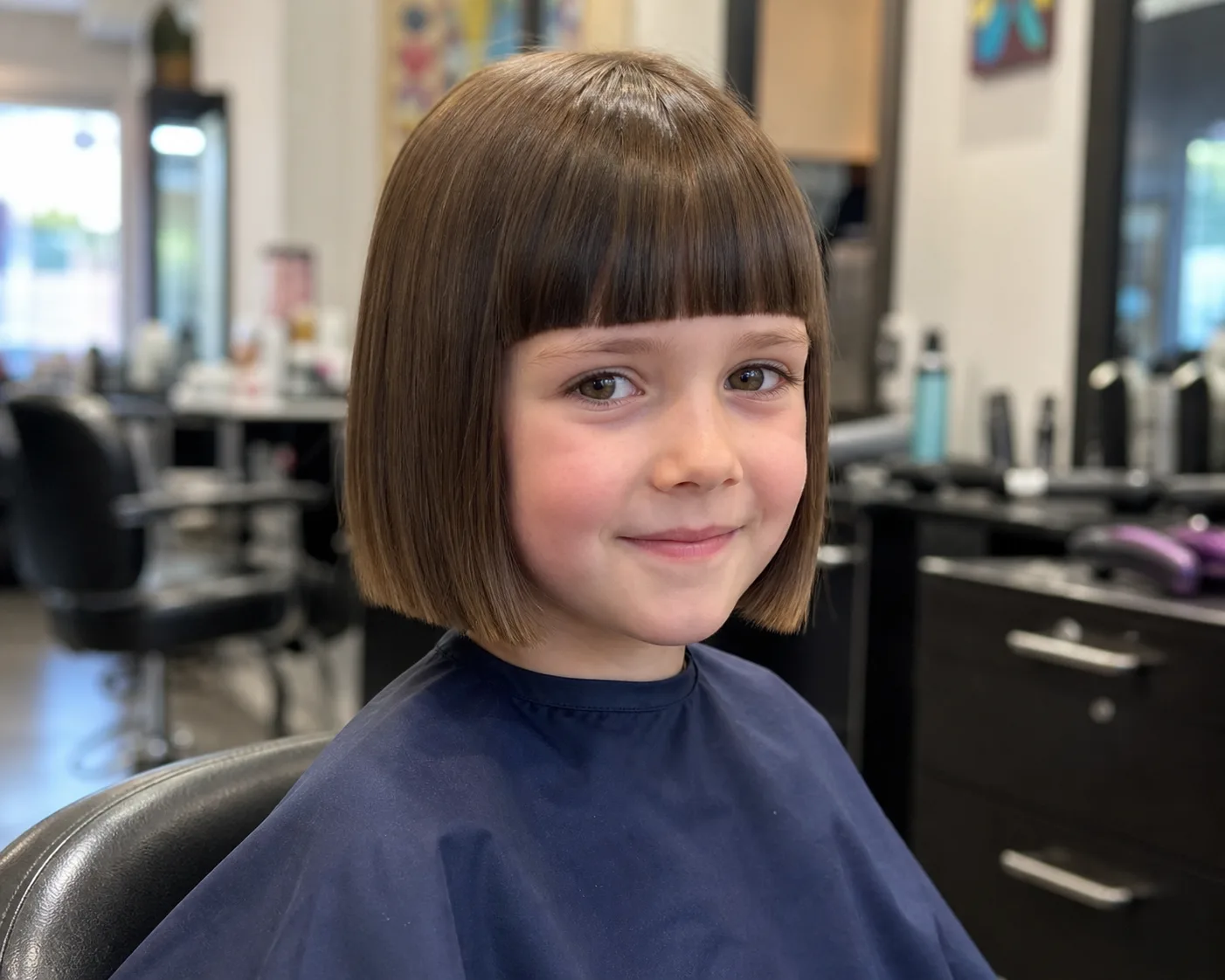 A girl in a navy salon cape with a chestnut brown chin-length blunt bob and straight full bangs