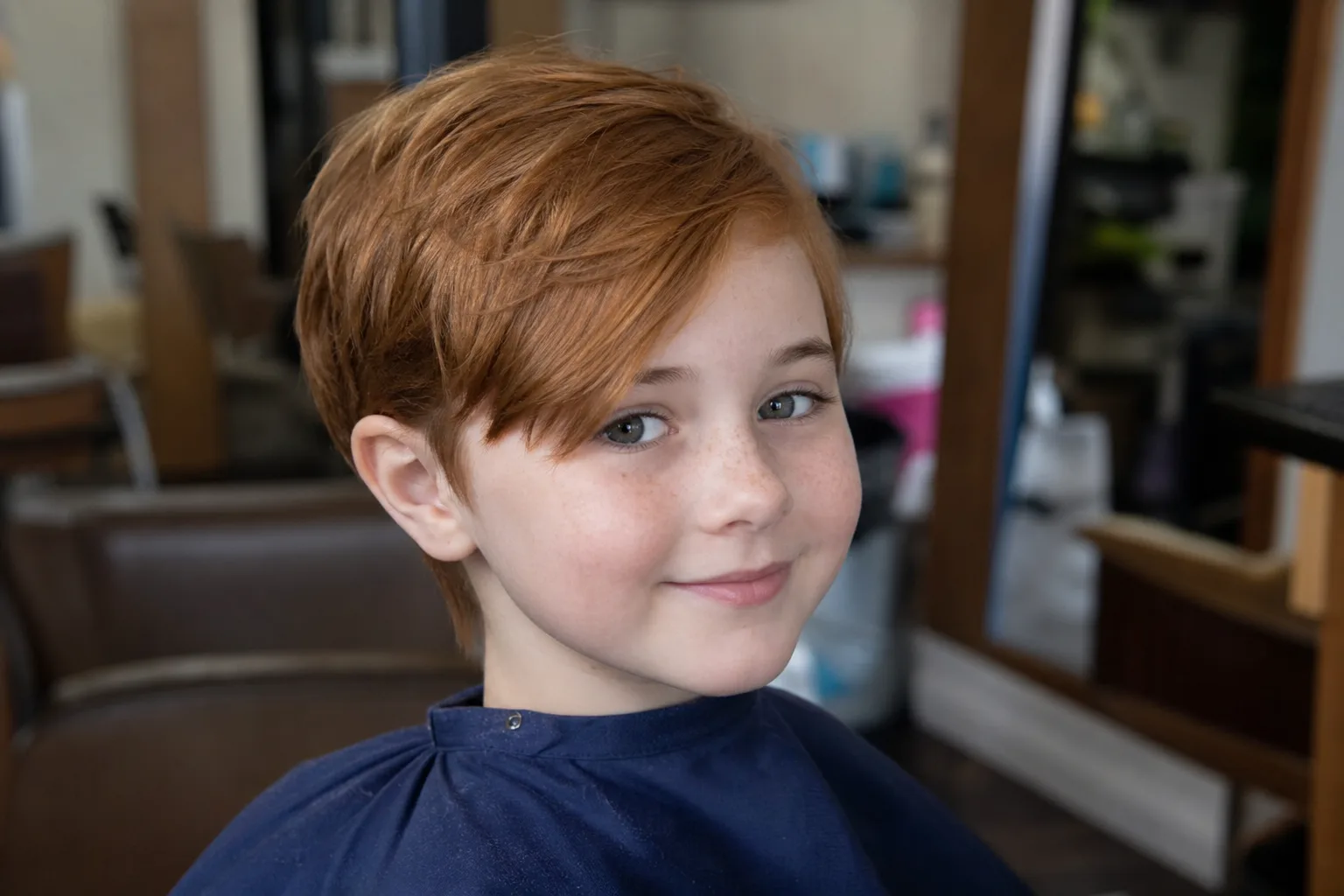 A girl in a navy salon cape with an auburn pixie cut, short sides and a soft side-swept fringe