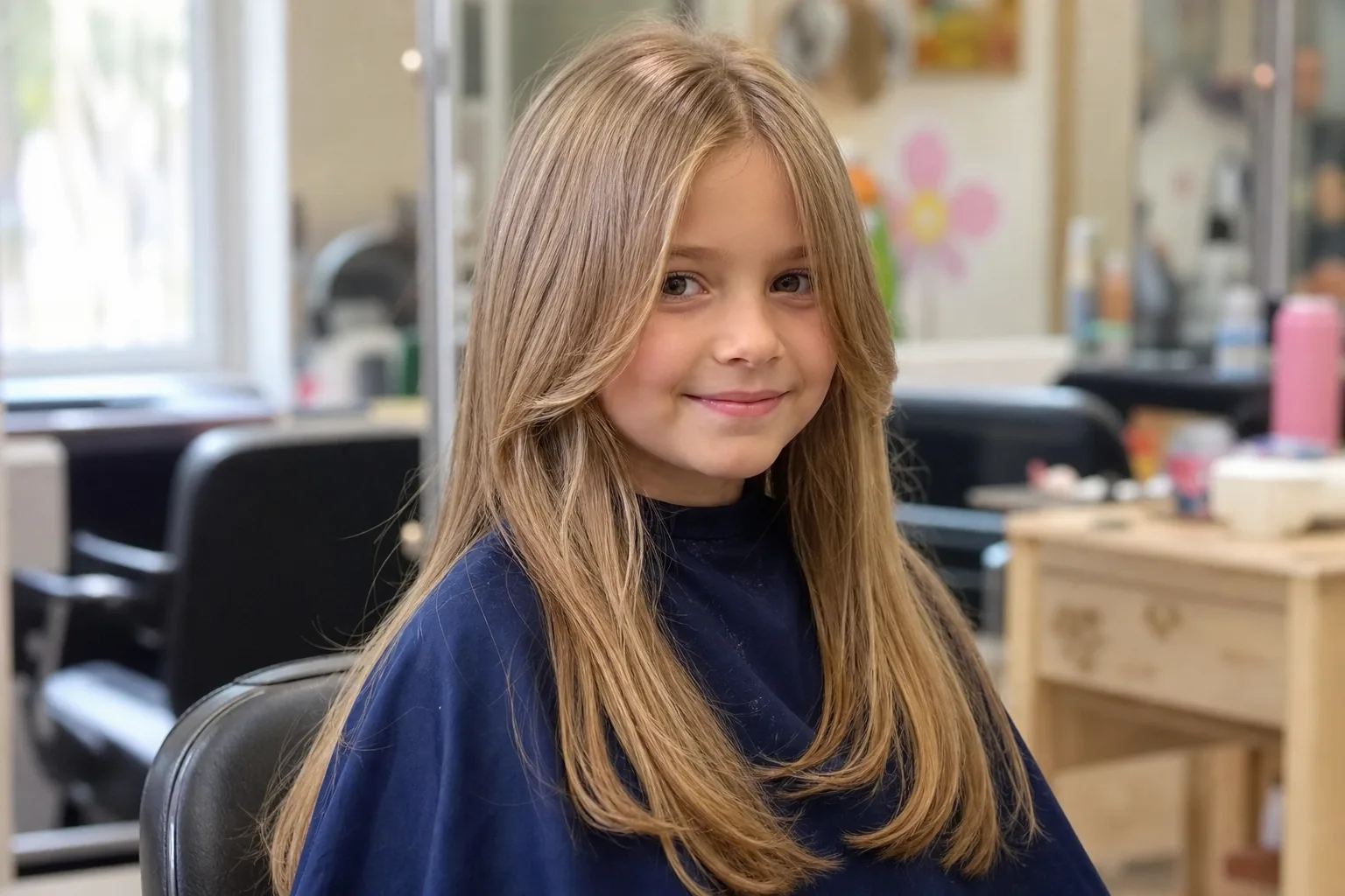 A girl in a navy salon cape with long honey blonde hair and long face-framing layers from the chin down
