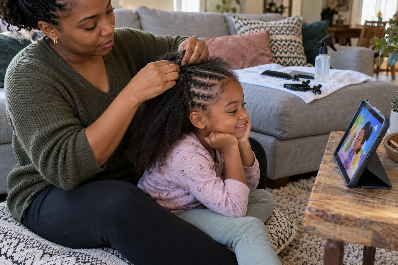 A girl sits on a cushion in front of her mother on the living room floor watching a cartoon on a tablet while her mother braids cornrows along the side of her head, the rest of her hair still loose, a spray bottle, comb and clips on the sofa