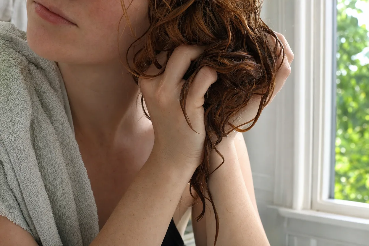 A hand scrunching damp auburn wavy hair by a bathroom window, a towel over the shoulder