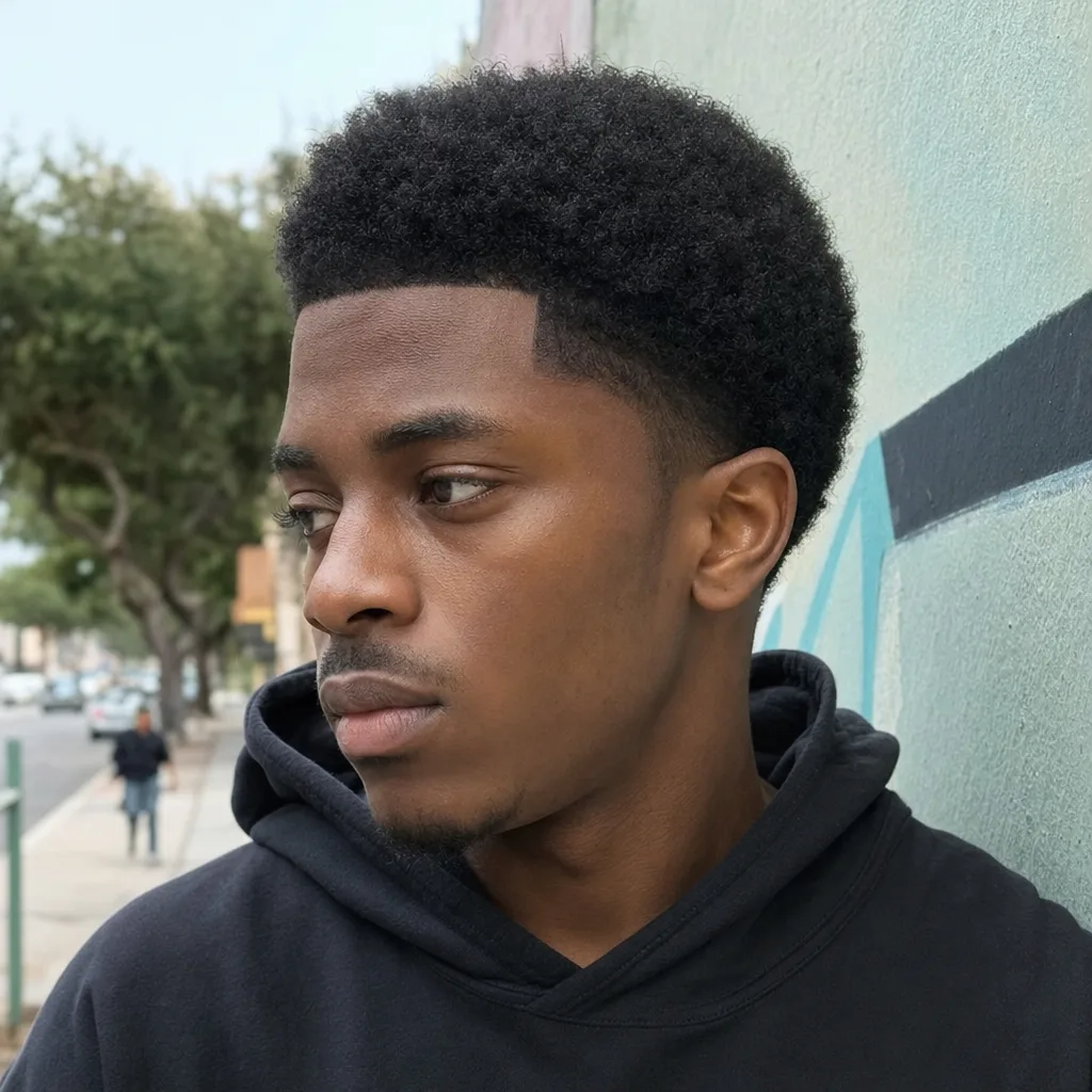 A man wearing a taper on 4c hair with the length kept on top and a clean shape-up at the hairline