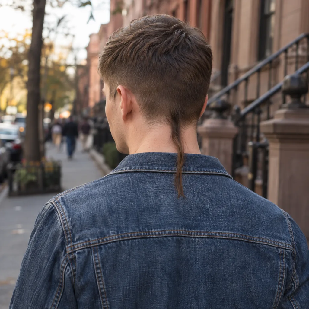 A man in a denim jacket walking on a brownstone street, seen from behind, with a chestnut textured top, a low taper and a thin straight rat tail