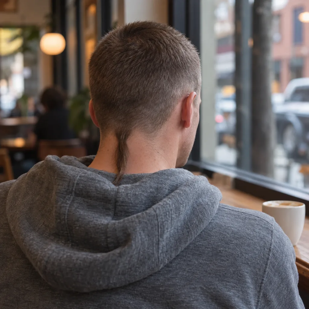 A man in a grey hoodie at a cafe window, seen from behind, with a short buzz cut and a single thin rat tail at the nape