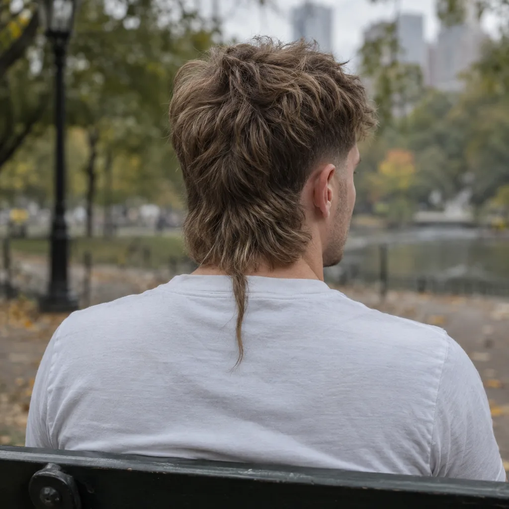 A man in a white t-shirt on a park bench, seen from behind, with a textured light brown mullet and one thin strand continuing past it down his back