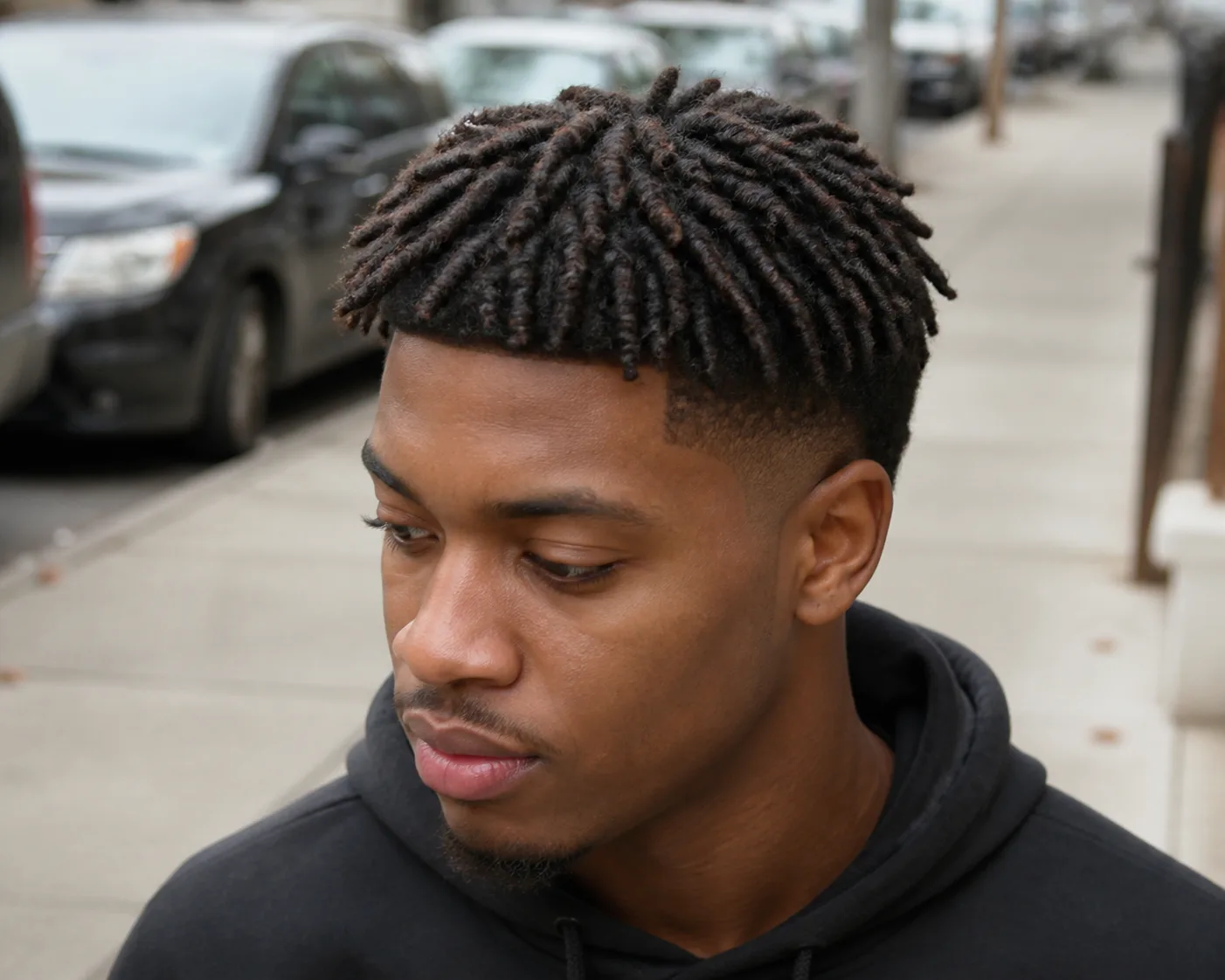 A man on a city sidewalk with short two-inch twists across the top of his head in dark brown coily hair, tapered short at the sides