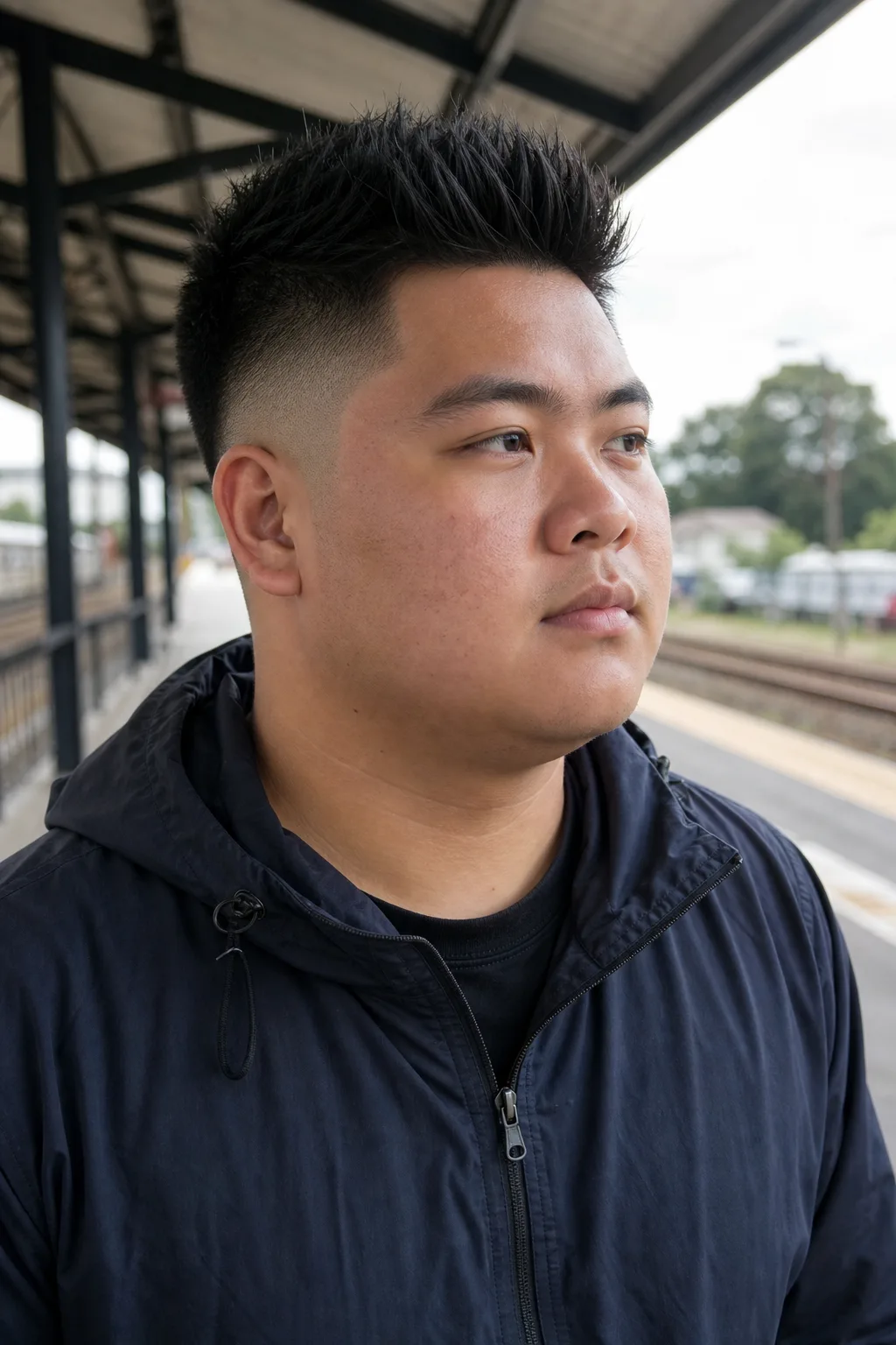 A man with a round, full face wearing a high fade with a tall brushed-up quiff on top.