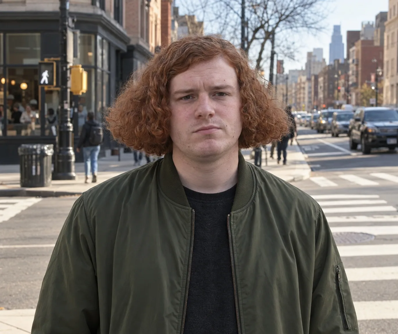 A man with auburn curls cut to one length, flat on top and puffed out wide over the ears, at a city crosswalk