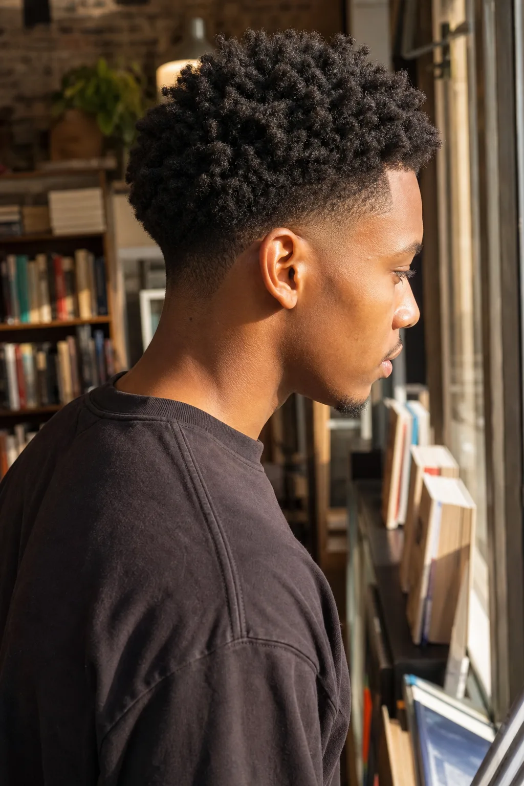 A man with dense coily curls on top over a mid fade, the fade line sitting at the temple.