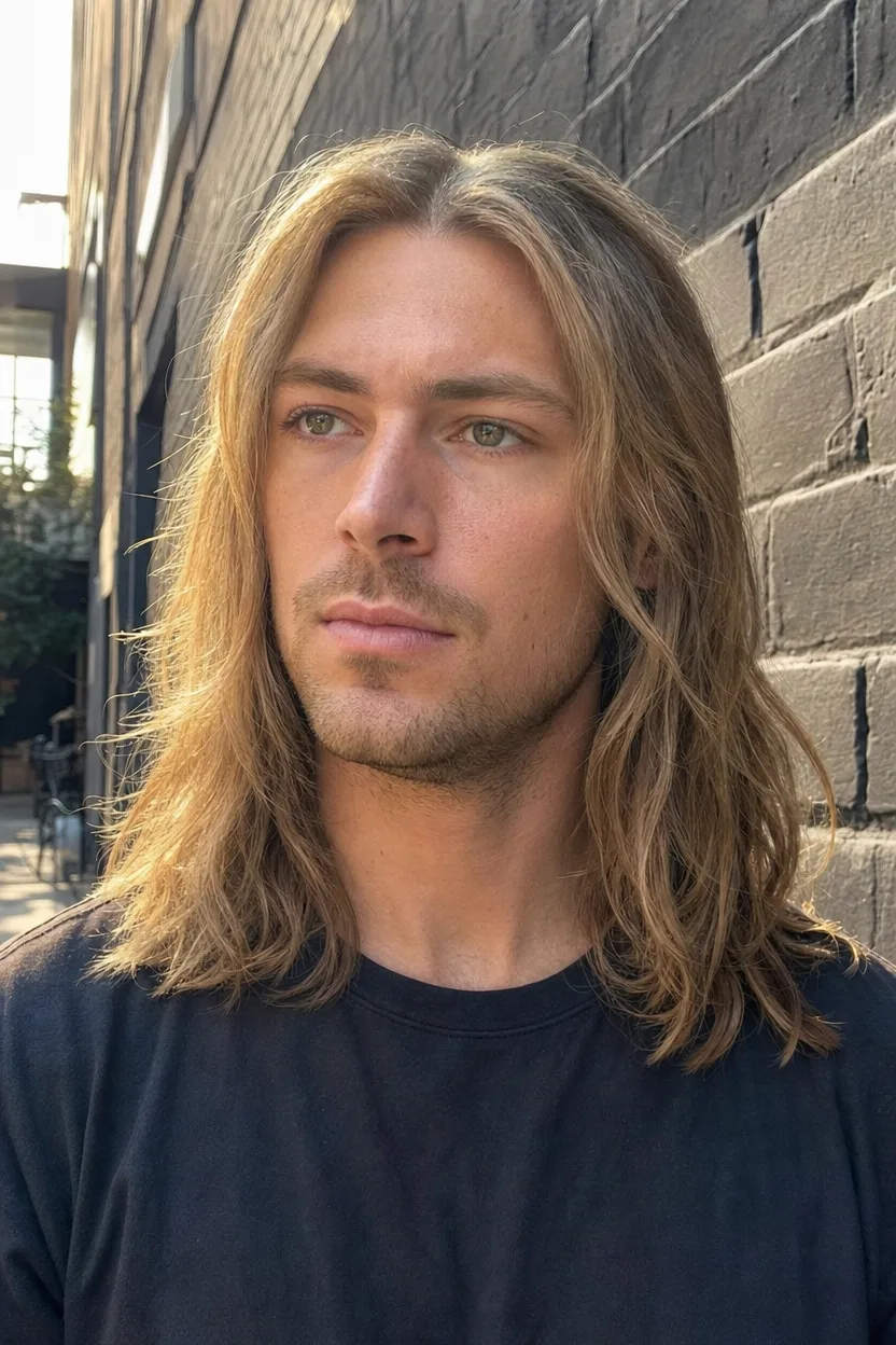 A man with dirty blonde hair past his shoulders and a soft center part, standing against a dark brick wall in afternoon sun