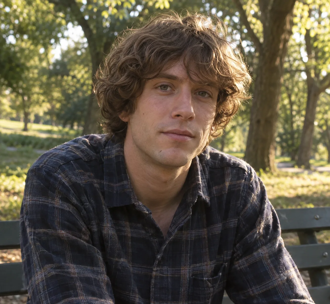 A man with light brown wavy hair falling over his ears and forehead, sitting on a park bench in late afternoon sun