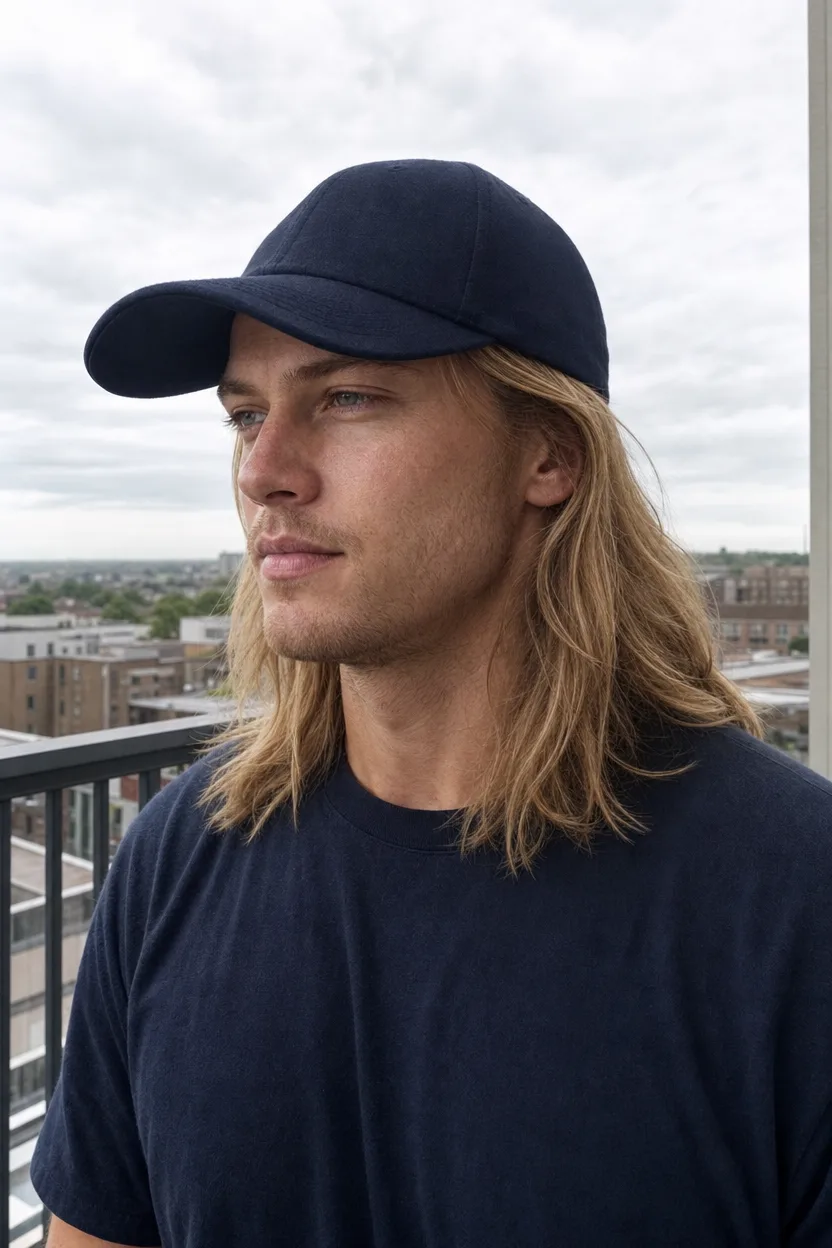 A man with long blonde hair under a plain navy baseball cap, the lengths falling past his shoulders, on a city balcony