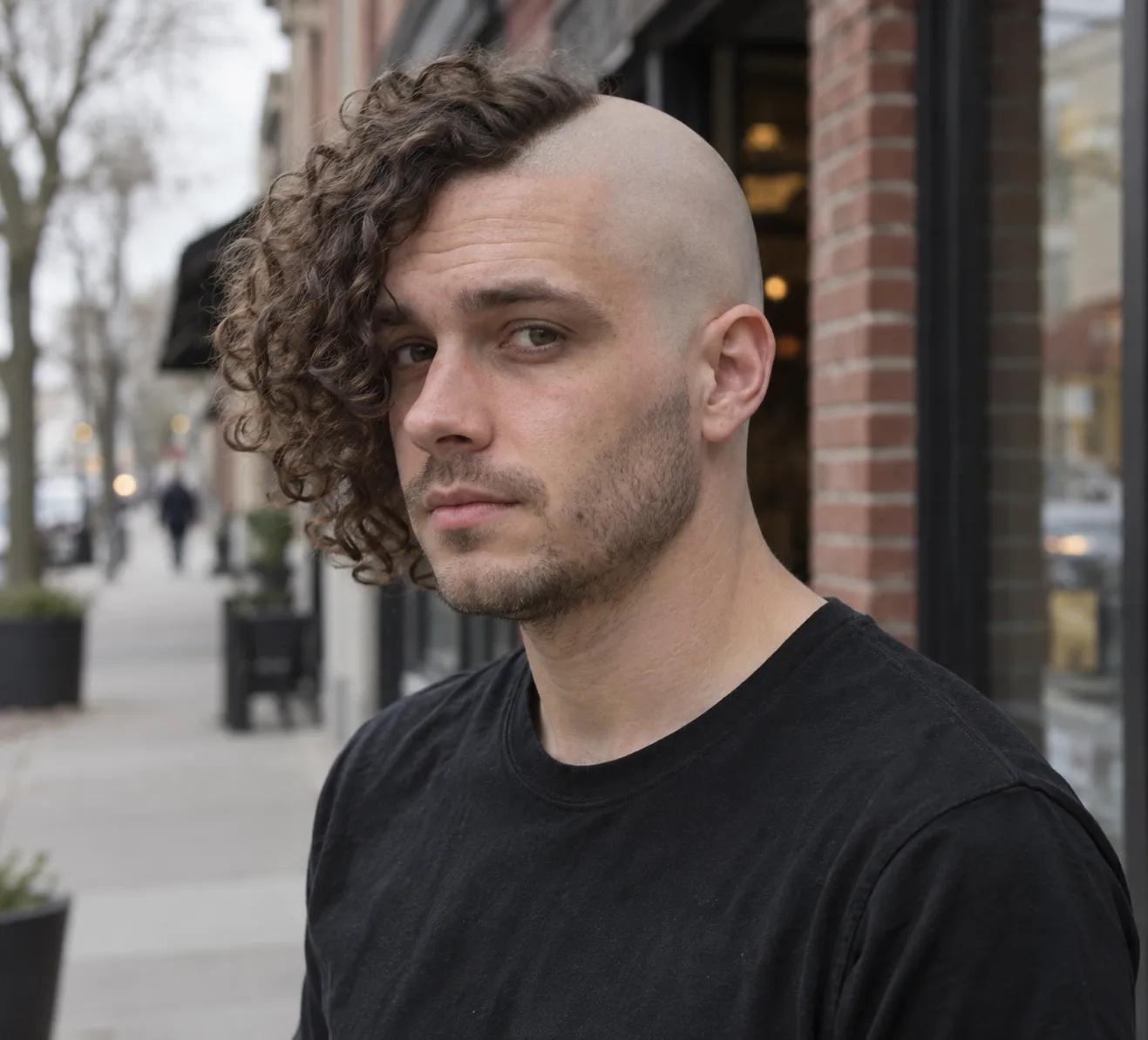 A man with one side of his head shaved bald and long brown curls on the other side, standing on a city sidewalk