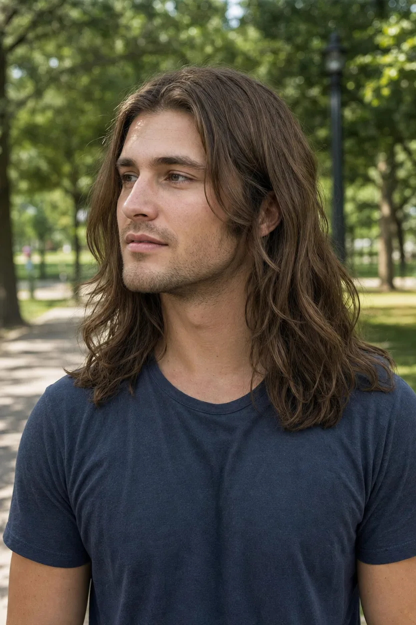 A man with wavy chestnut brown hair falling past his shoulders, standing on a tree-lined park path