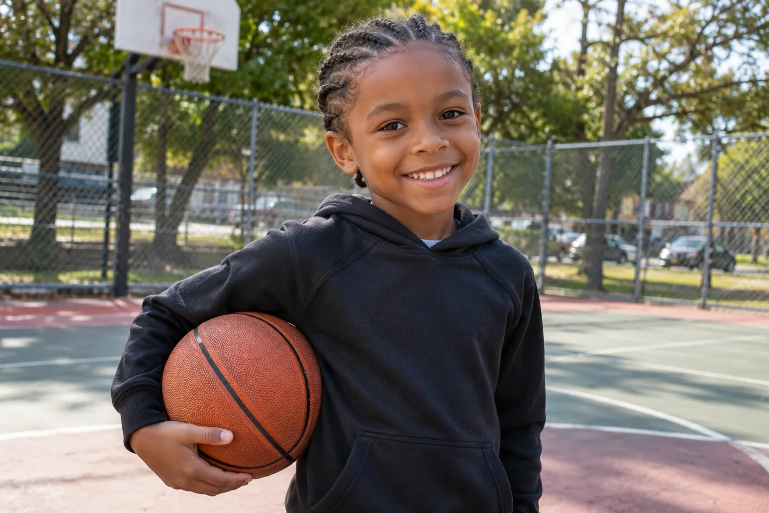 A smiling Black boy with straight-back cornrows holding a basketball on an outdoor court, a hoop and chain-link fence behind him