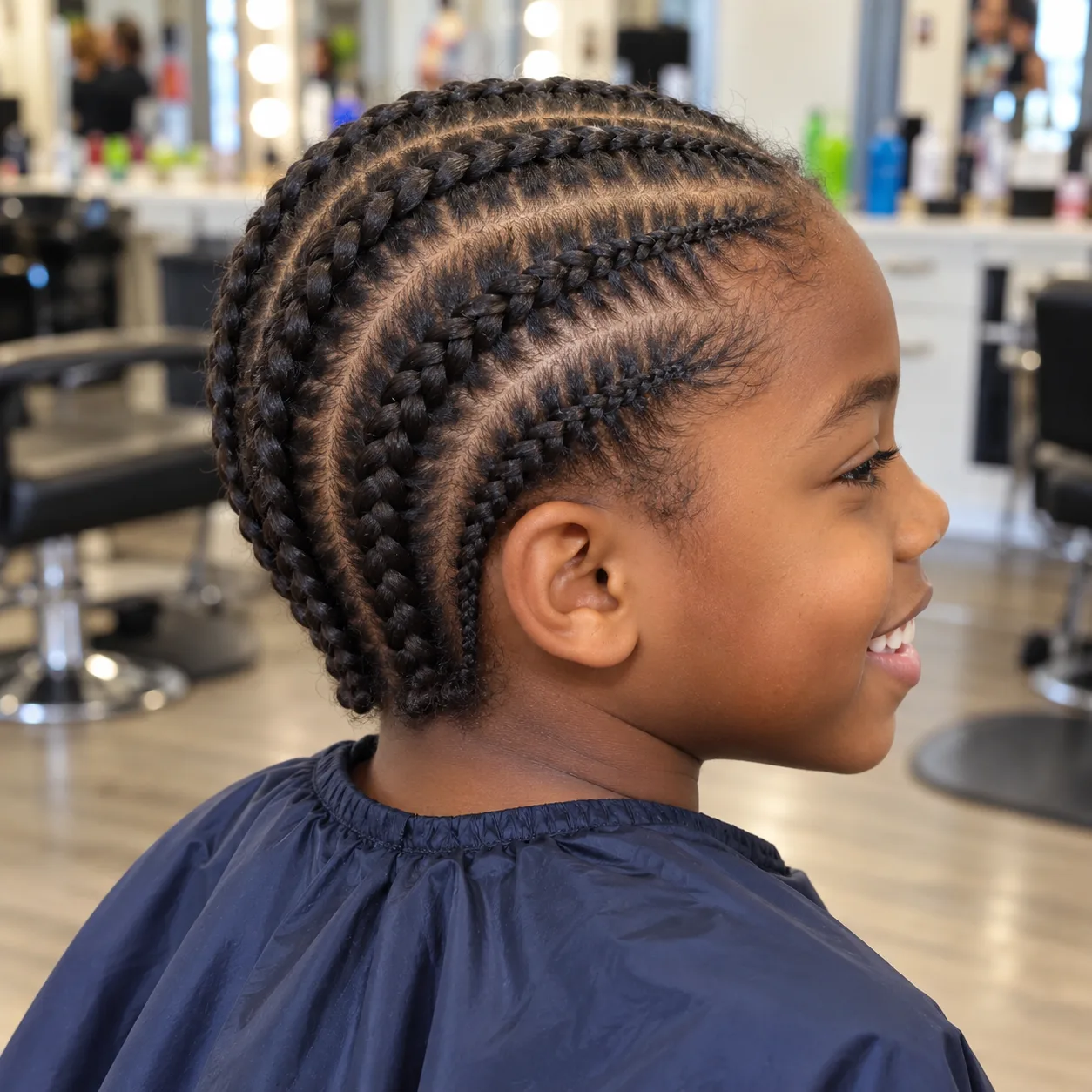 A smiling Black child in a navy salon cape with short black straight-back cornrows that end at the nape
