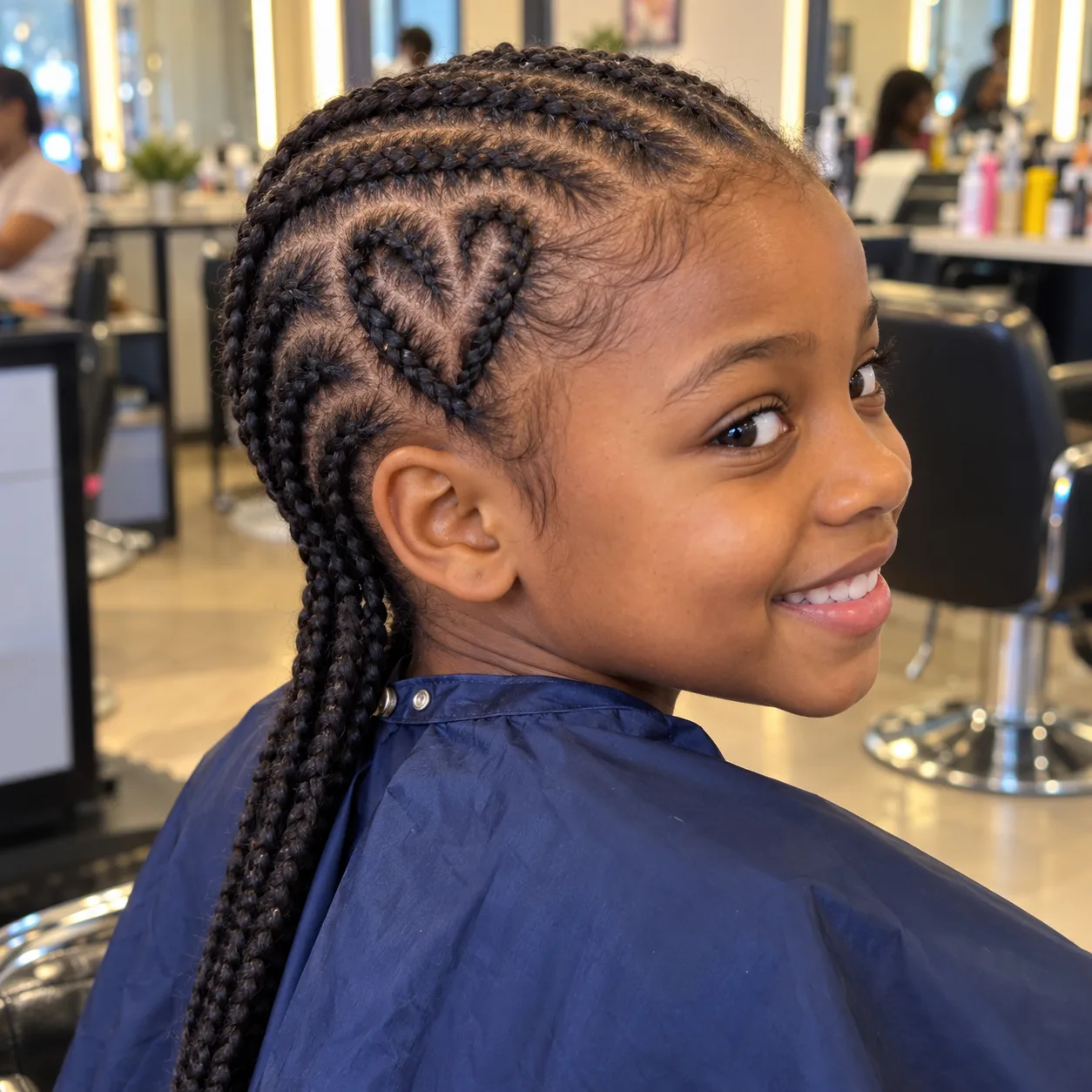 A smiling Black girl in a navy salon cape with black cornrows, one braided into a heart shape on the side of her head and the rest braided straight back
