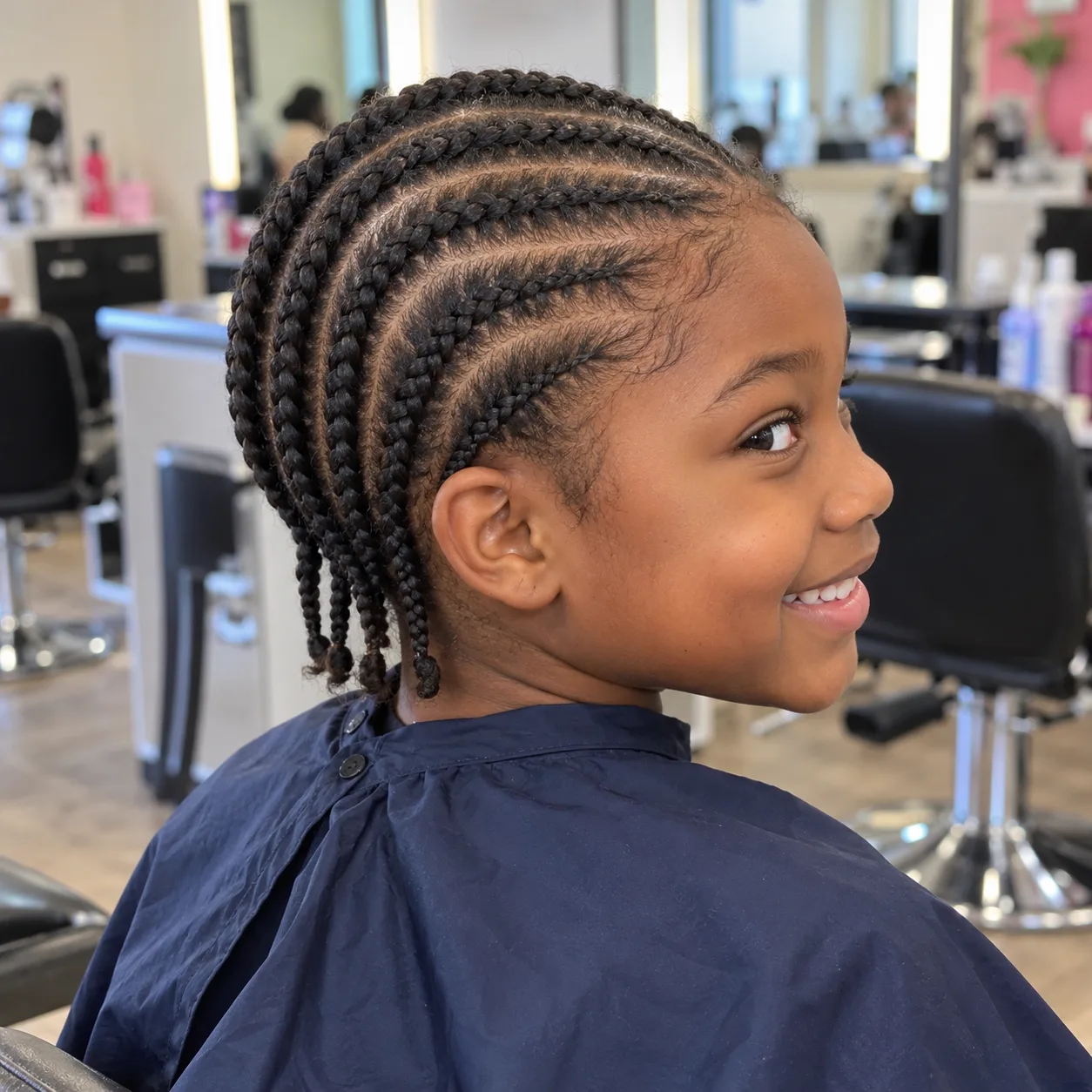 A smiling Black girl in a navy salon cape with black hair in straight-back cornrows from the hairline to the nape, small braided ends at the neck