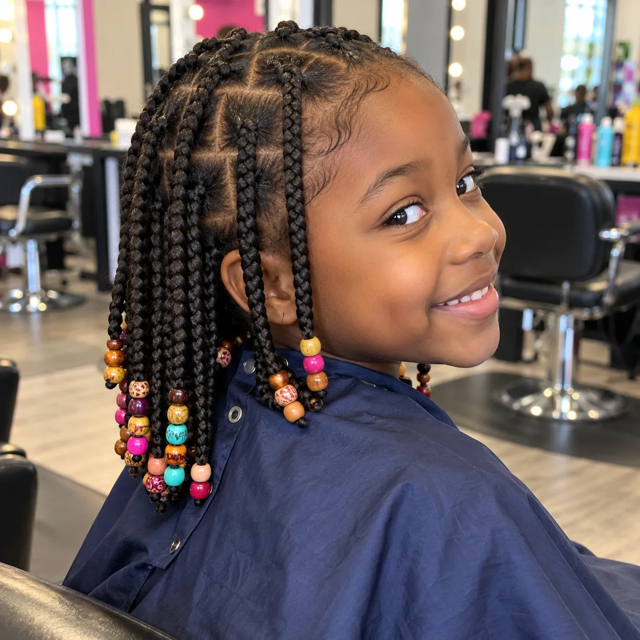 A smiling Black girl in a navy salon cape with chin-length black box braids, square parts and colorful wooden beads on the ends