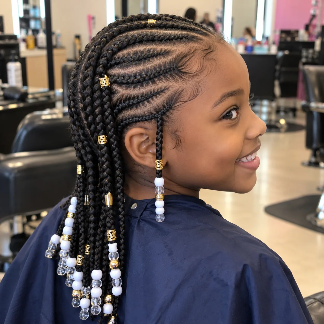 A smiling Black girl in a navy salon cape with Fulani braids: side cornrows sweeping back, a braid hanging in front of the ear, gold cuffs and white and clear beads