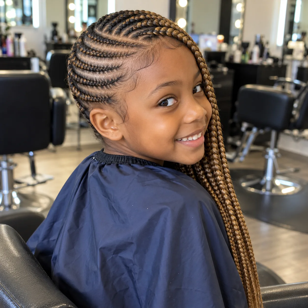 A smiling Black girl in a navy salon cape with honey brown lemonade braids, slim cornrows swept to one side and falling long over one shoulder