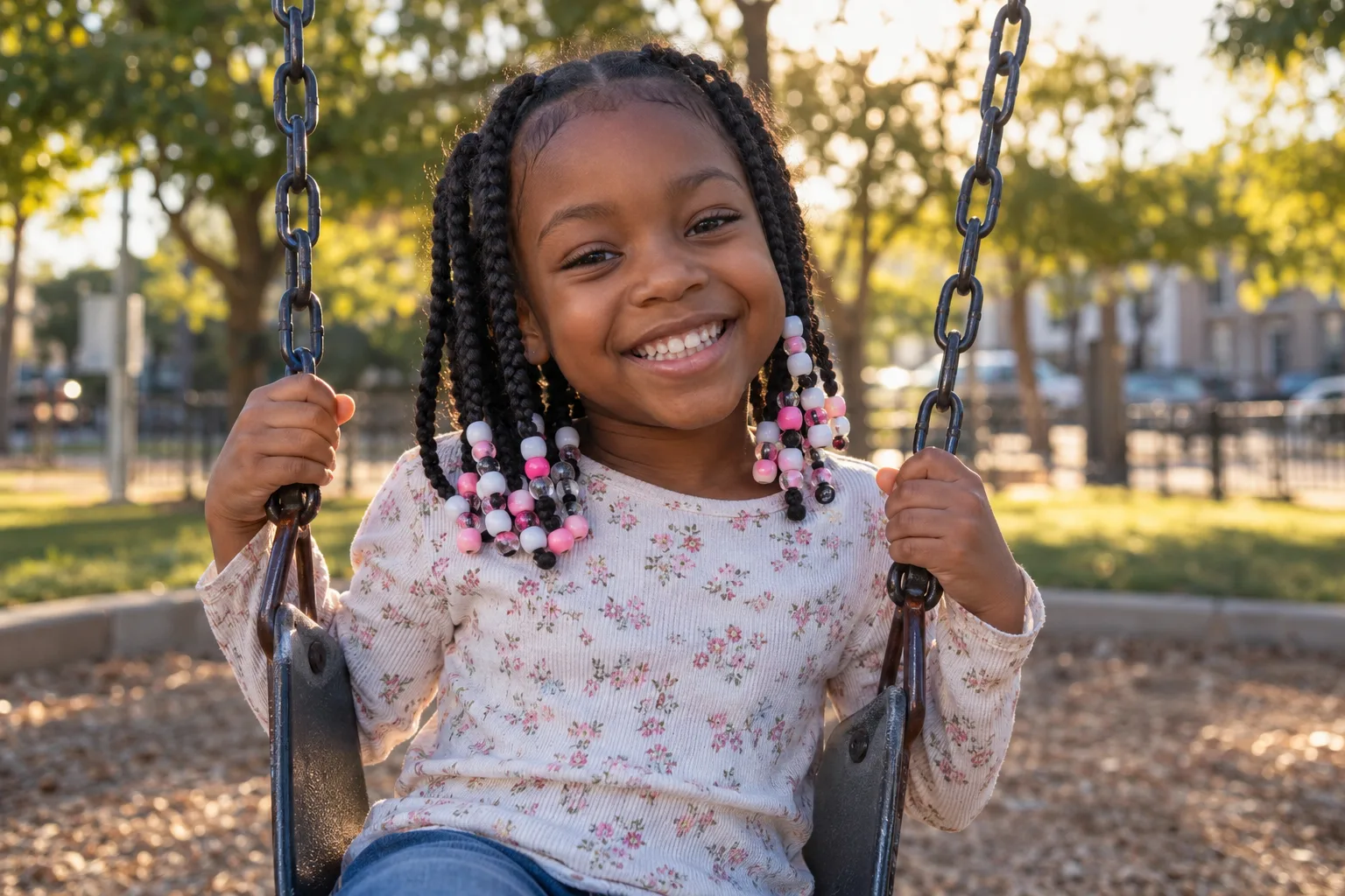 A smiling Black girl with medium box braids and pink, white and clear beads on the ends, sitting on a playground swing in a park in late afternoon sun