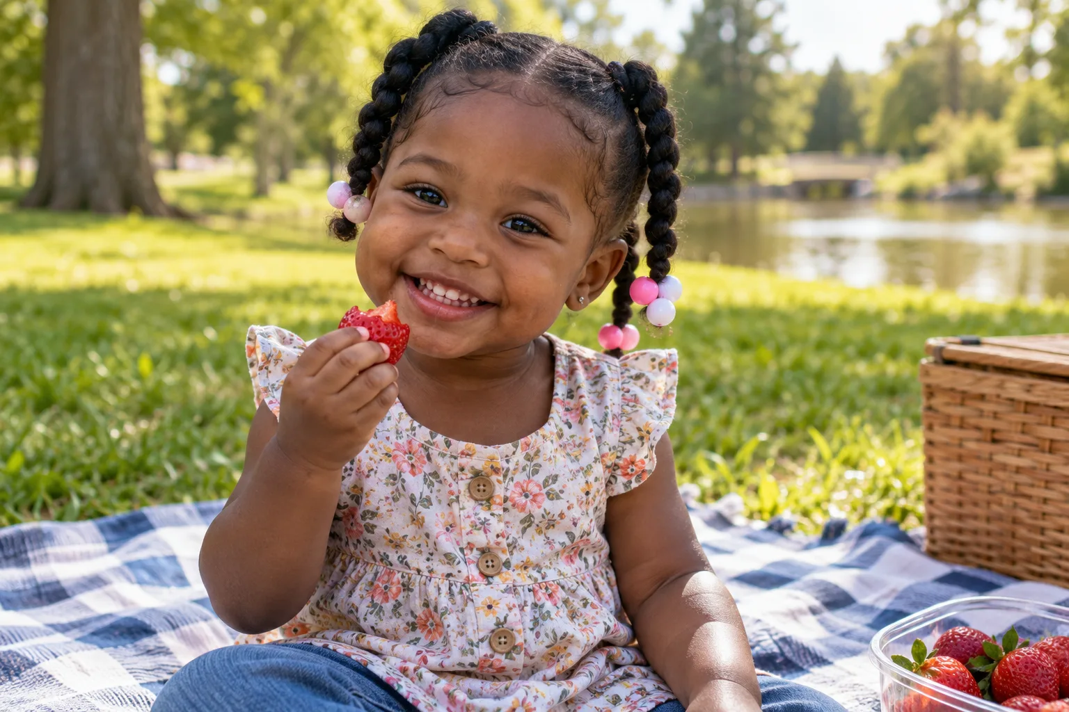 A smiling Black toddler with soft black coily hair in two chunky braided pigtails with pink and white bobbles, eating a strawberry on a picnic blanket in a park