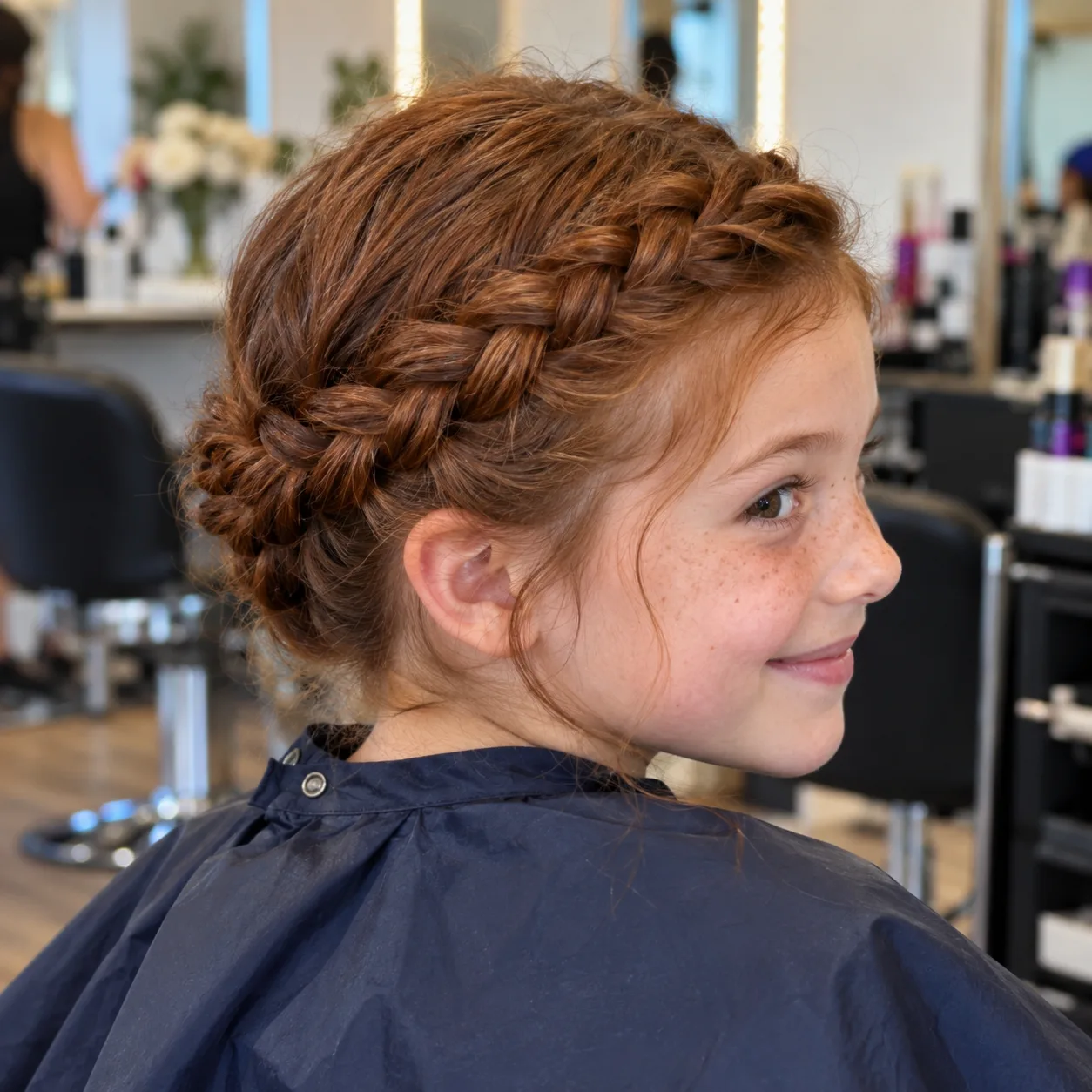 A smiling freckled girl in a navy salon cape with auburn hair in a braid wrapped around her head and pinned at the back