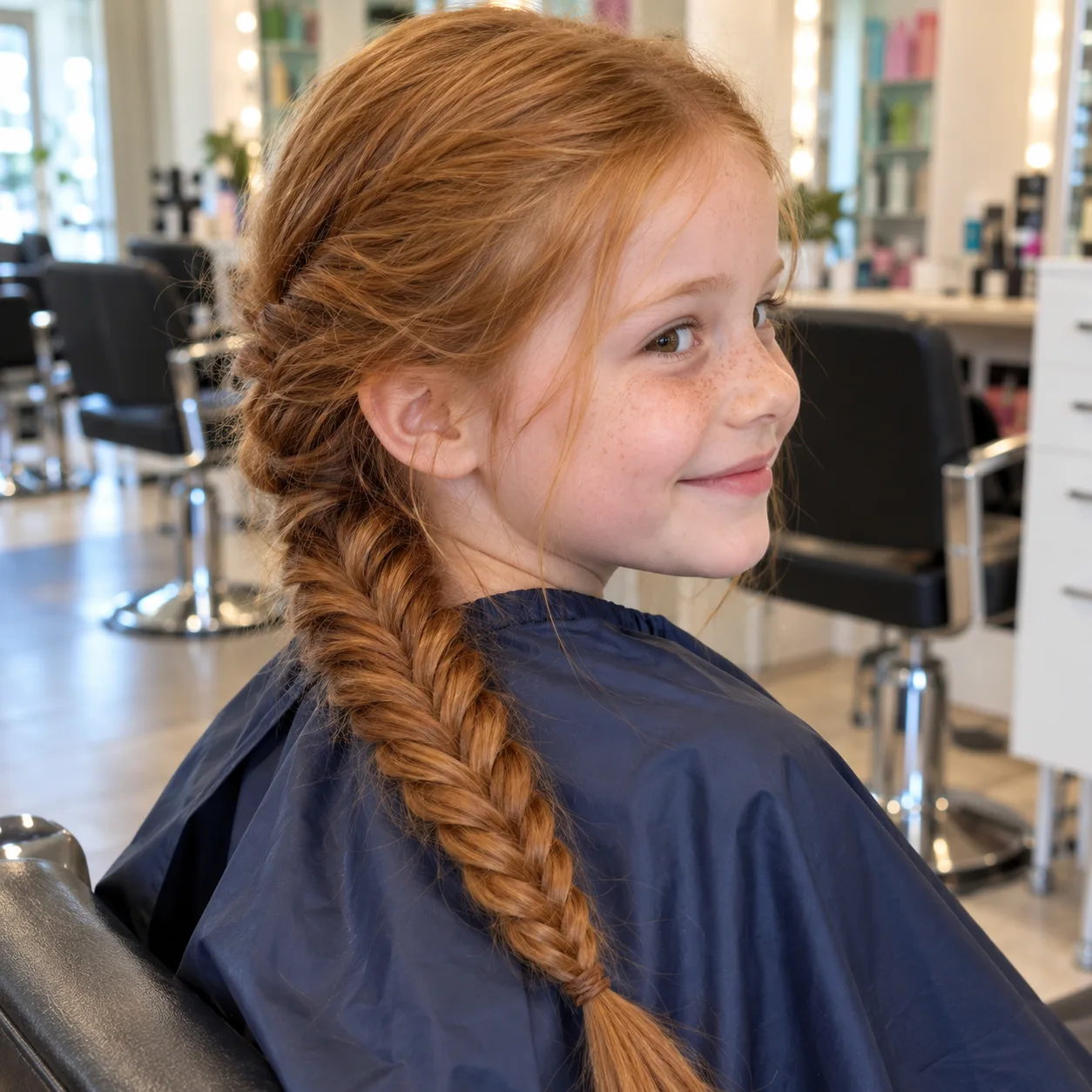 A smiling freckled girl in a navy salon cape with ginger hair in a loose fishtail braid falling over her shoulder