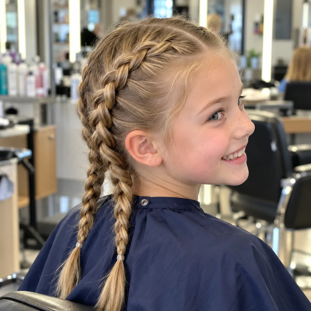 A smiling girl in a navy salon cape with dirty blonde hair in two raised Dutch braids from the hairline to below the shoulders, tied with clear elastics