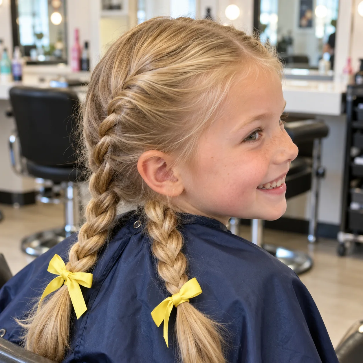 A smiling girl in a navy salon cape with golden blonde hair in two braided pigtails tied with yellow ribbon bows