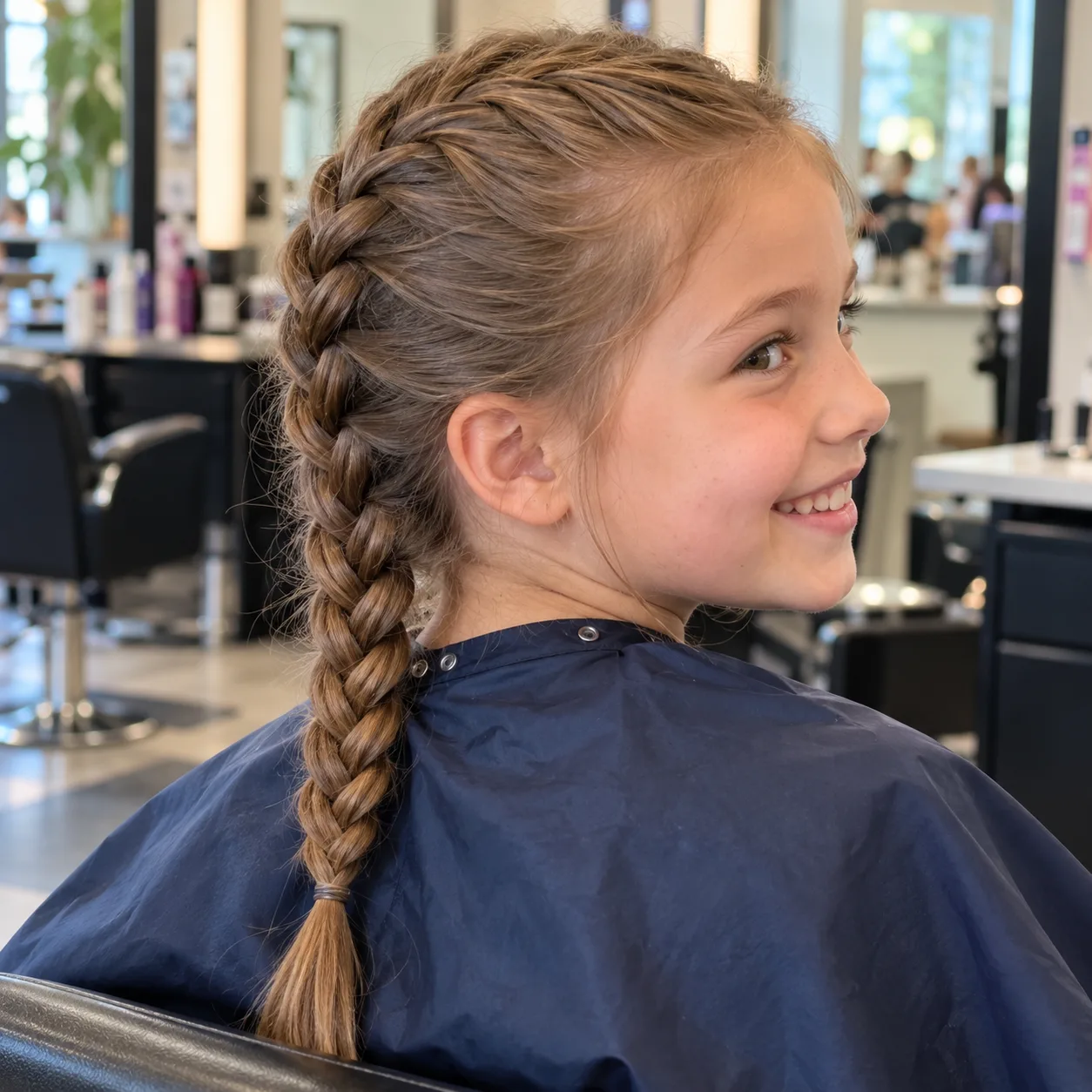 A smiling girl in a navy salon cape with light brown hair in one braid from the crown to the middle of her back