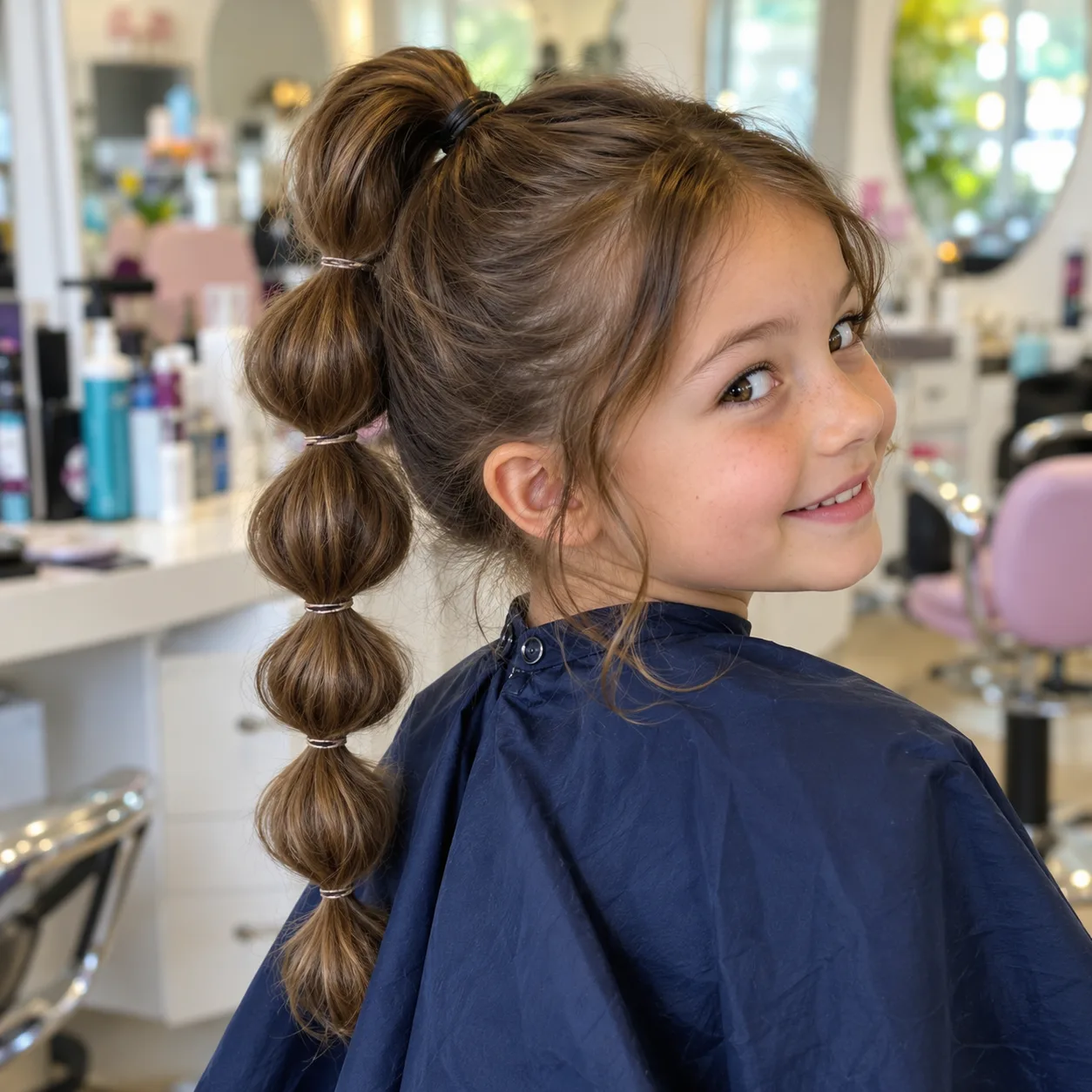 A smiling girl in a navy salon cape with mid brown hair in a high bubble ponytail, elastics spaced down its length puffed into round sections