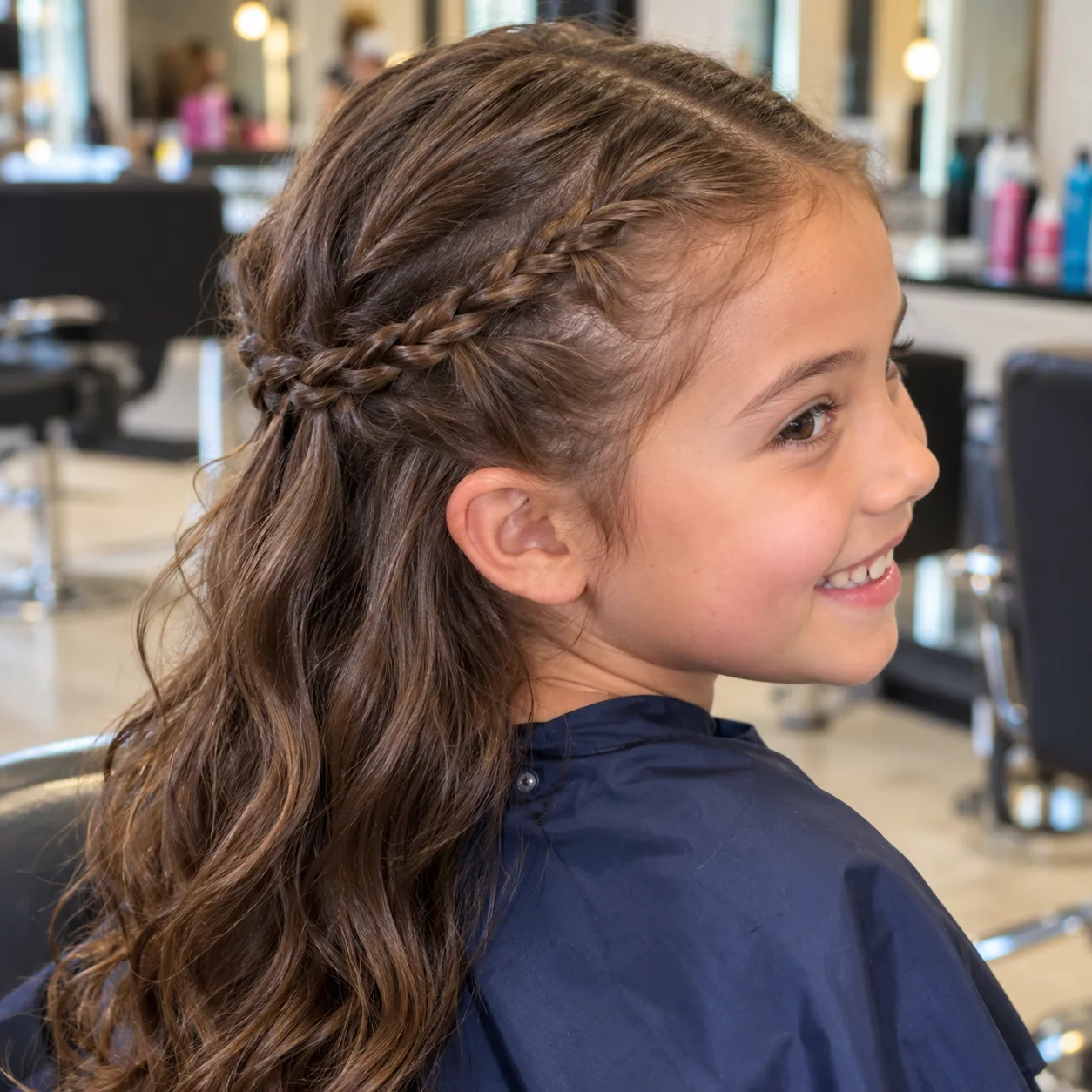 A smiling girl in a navy salon cape with wavy chestnut brown hair, a thin braid from the temple wrapping to the back of the head and the rest of the hair loose
