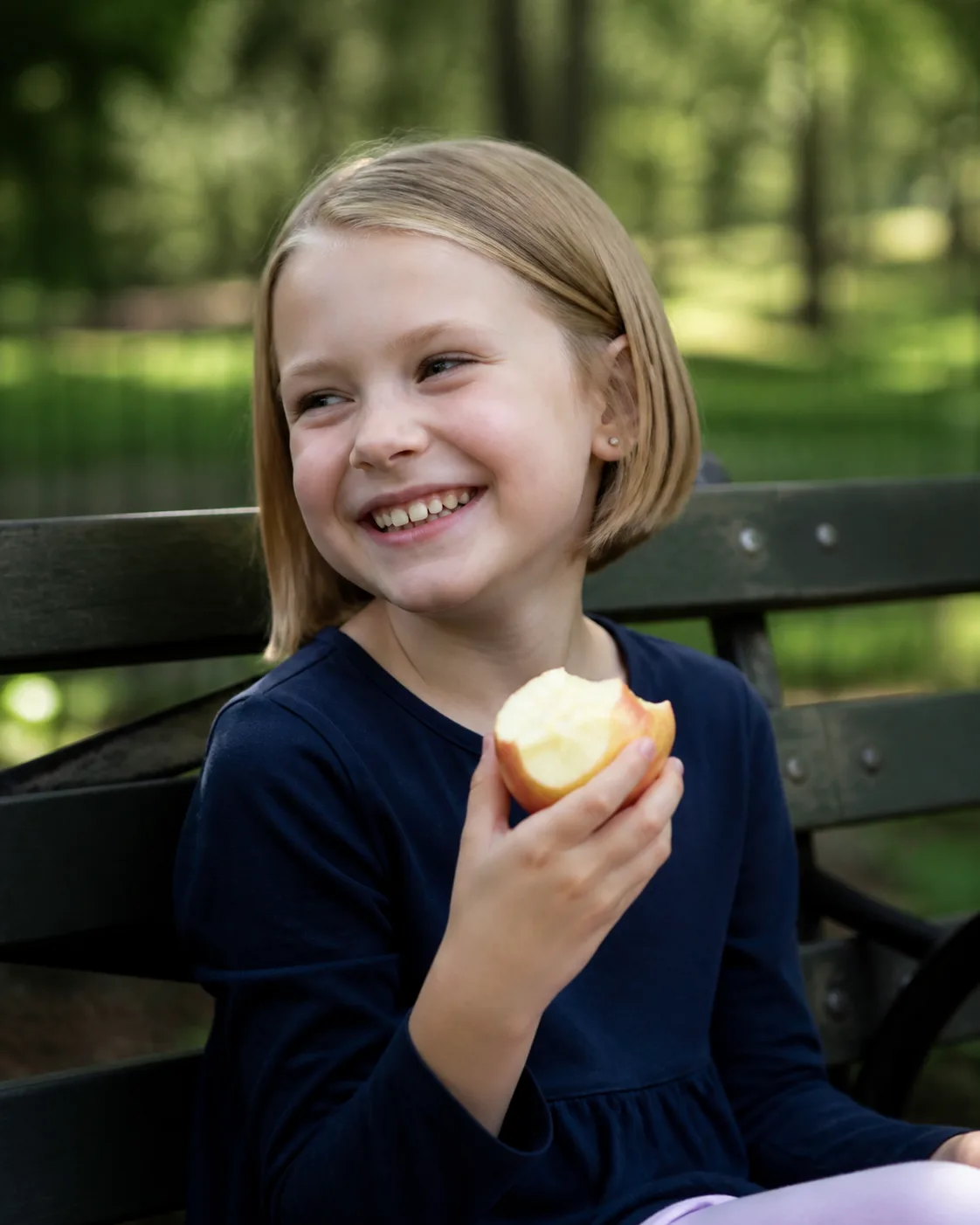 A smiling girl with a dirty blonde chin-length bob tucked behind one ear, sitting on a park bench holding a bitten apple