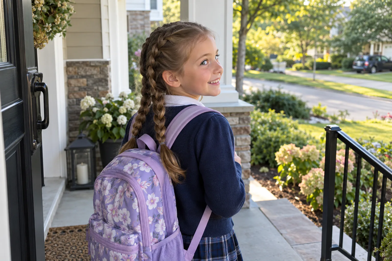 A smiling girl with light brown hair in two Dutch braids, wearing a lilac backpack and school uniform on the front porch of a house, looking back over her shoulder