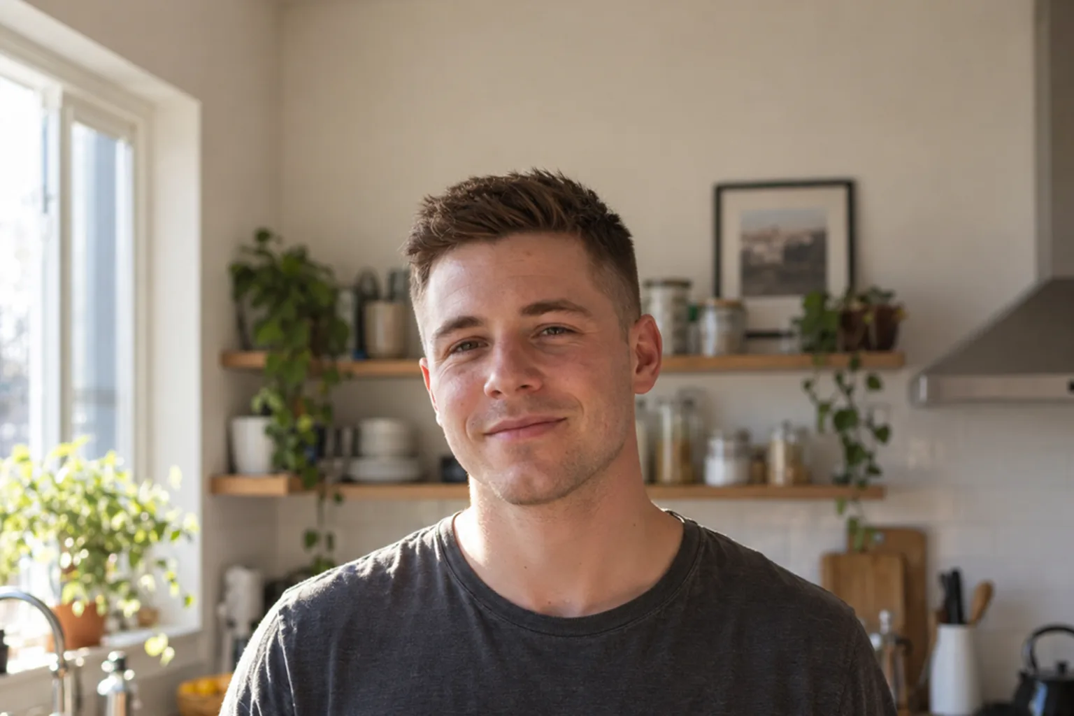 A smiling young man with mid brown hair in a sunny kitchen wearing a neat crew cut with tapered sides and a short textured top